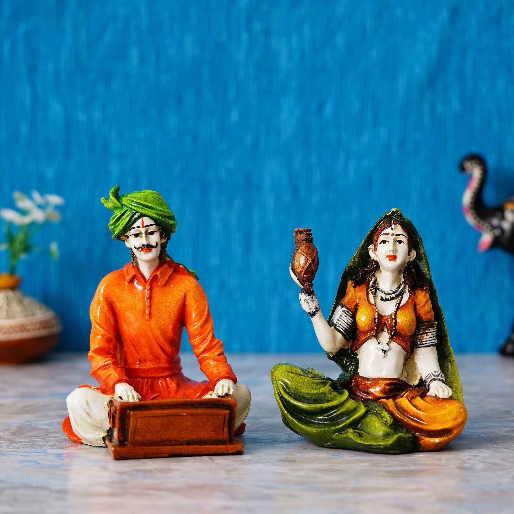 Colorful Combo of Rajasthani Craftsmen and Lady Playing a Musical Instrument Statue 1