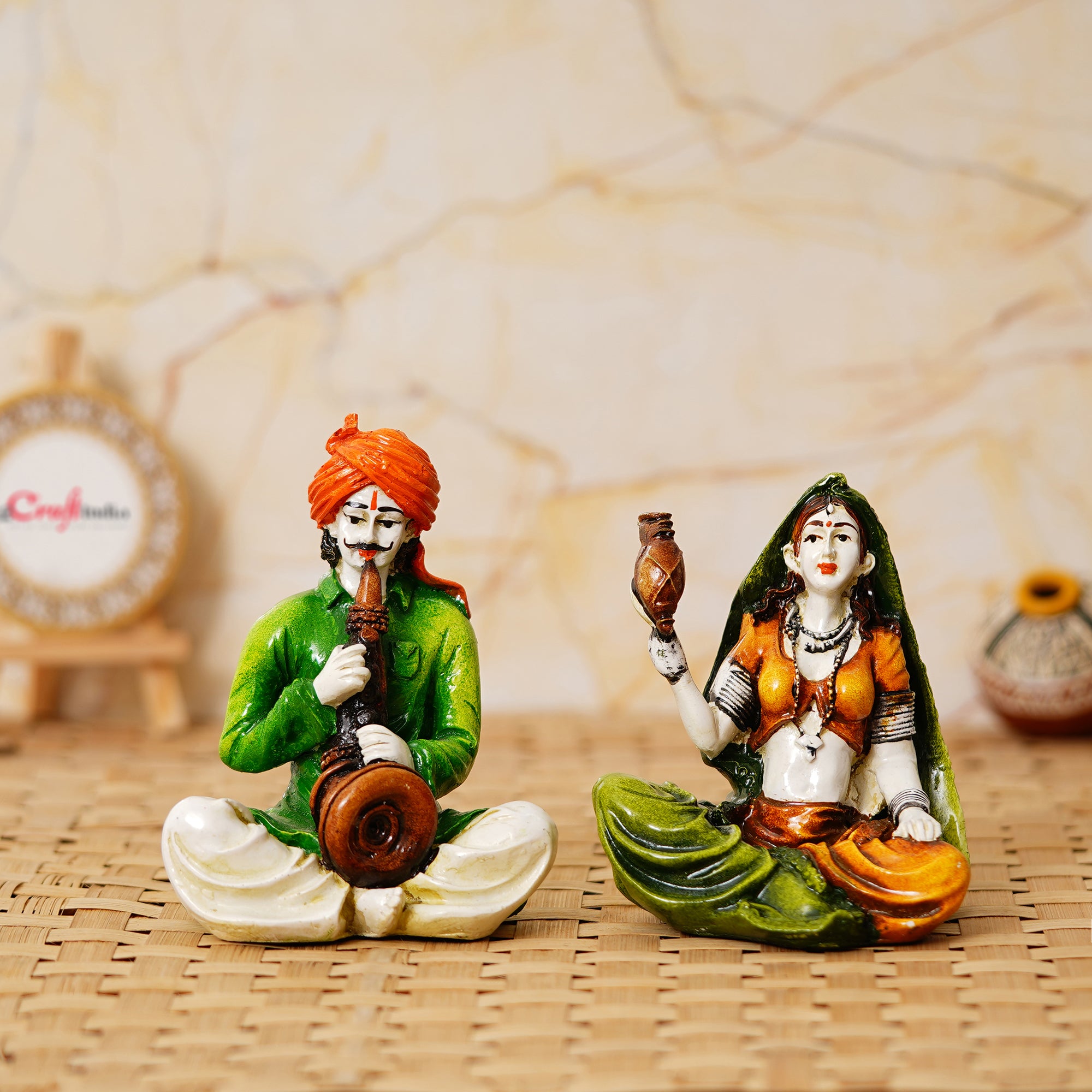 Colorful Combo of Rajasthani Craftsmen and Lady Playing a Musical Instrument Statue