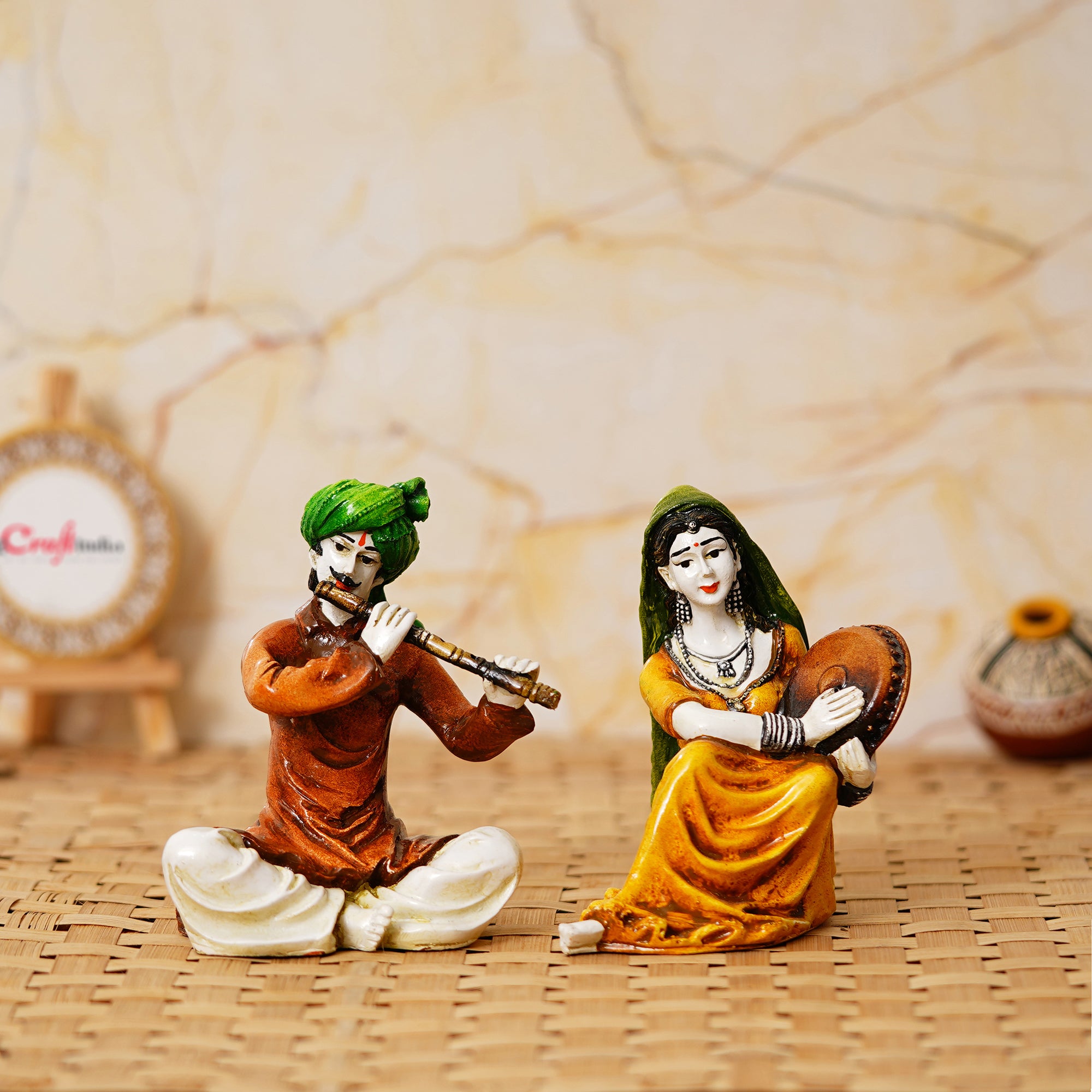 Colorful Combo of Rajasthani Craftsmen and Lady Playing a Musical Instrument Statue