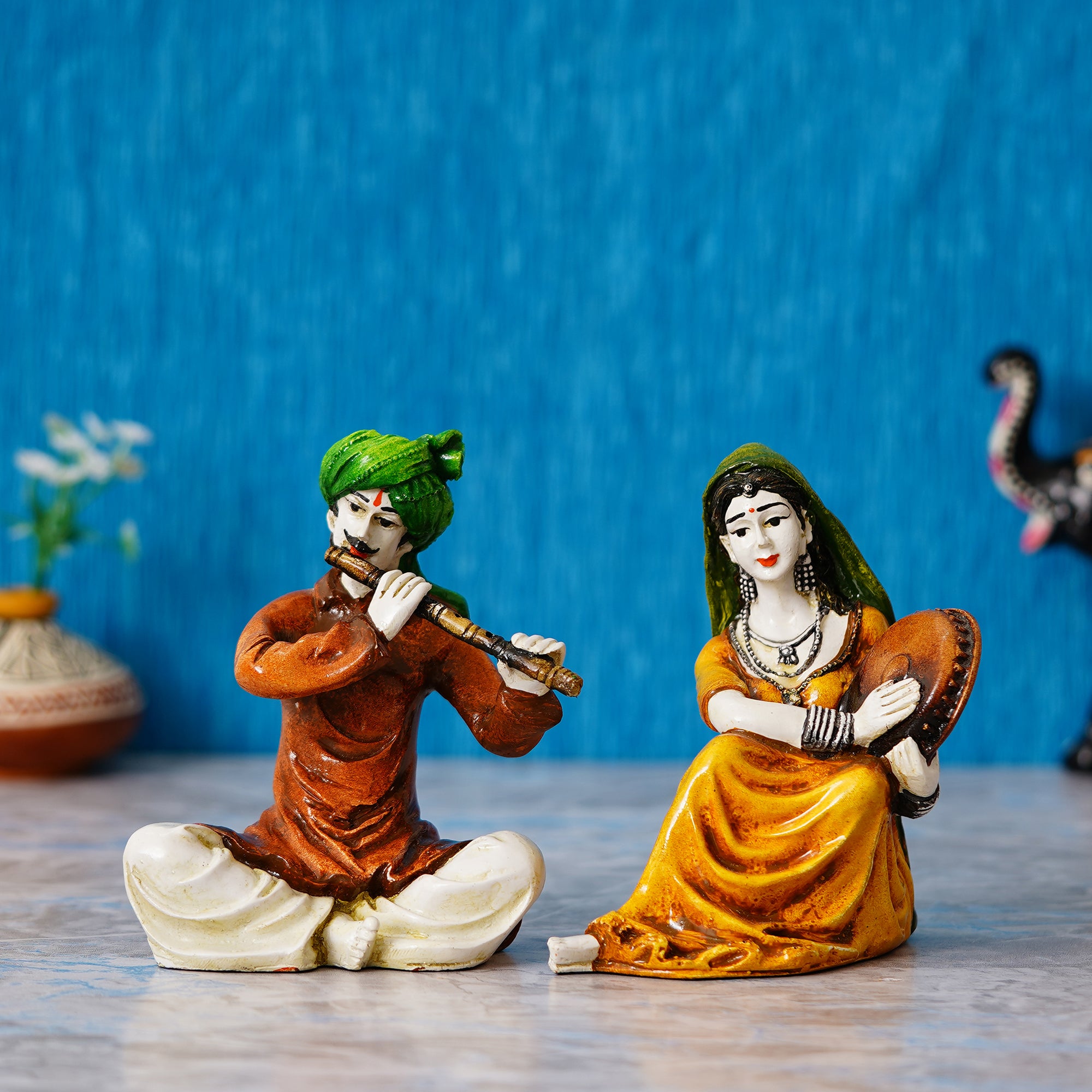 Colorful Combo of Rajasthani Craftsmen and Lady Playing a Musical Instrument Statue 1