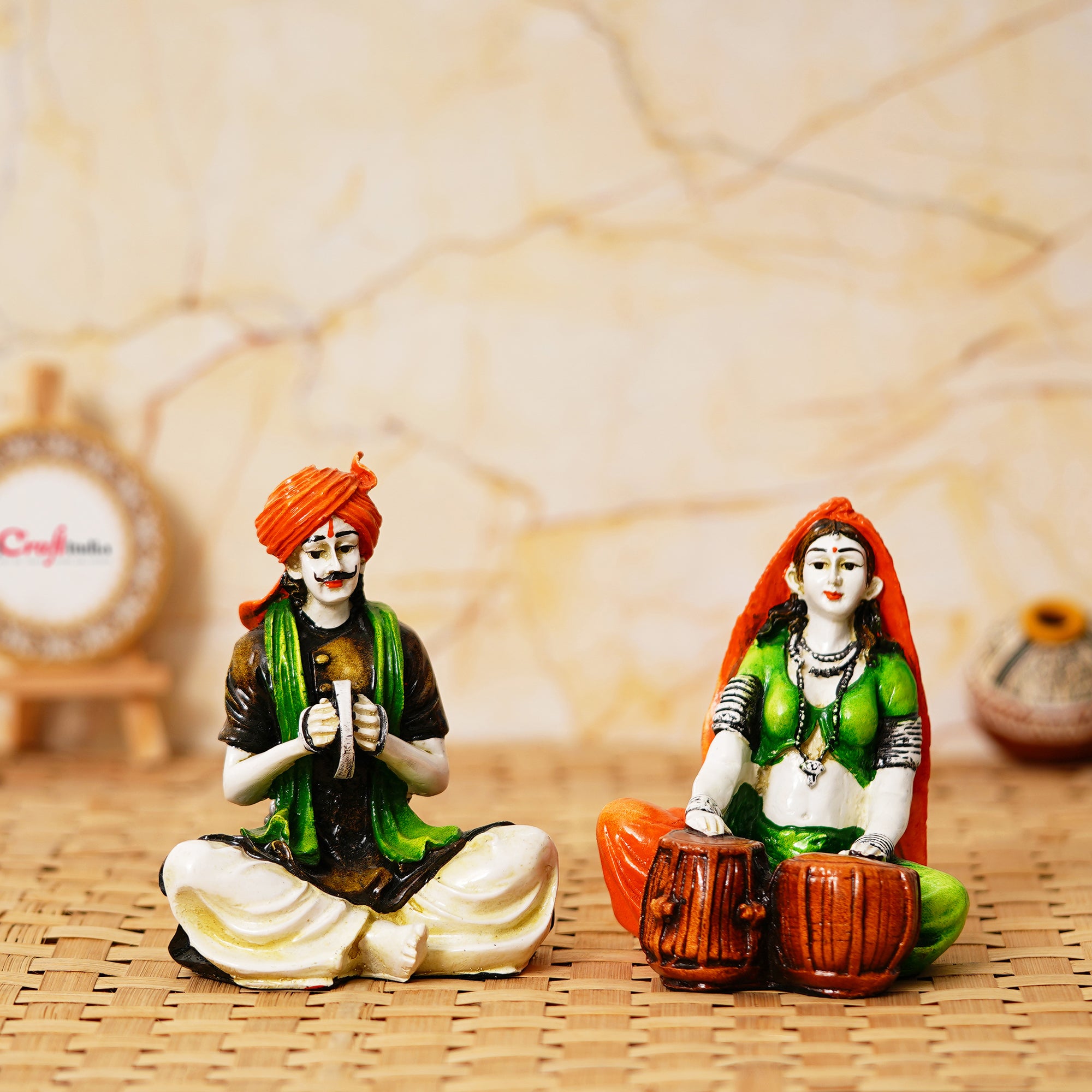 Colorful Combo of Rajasthani Craftsmen and Lady Playing a Musical Instrument Statue