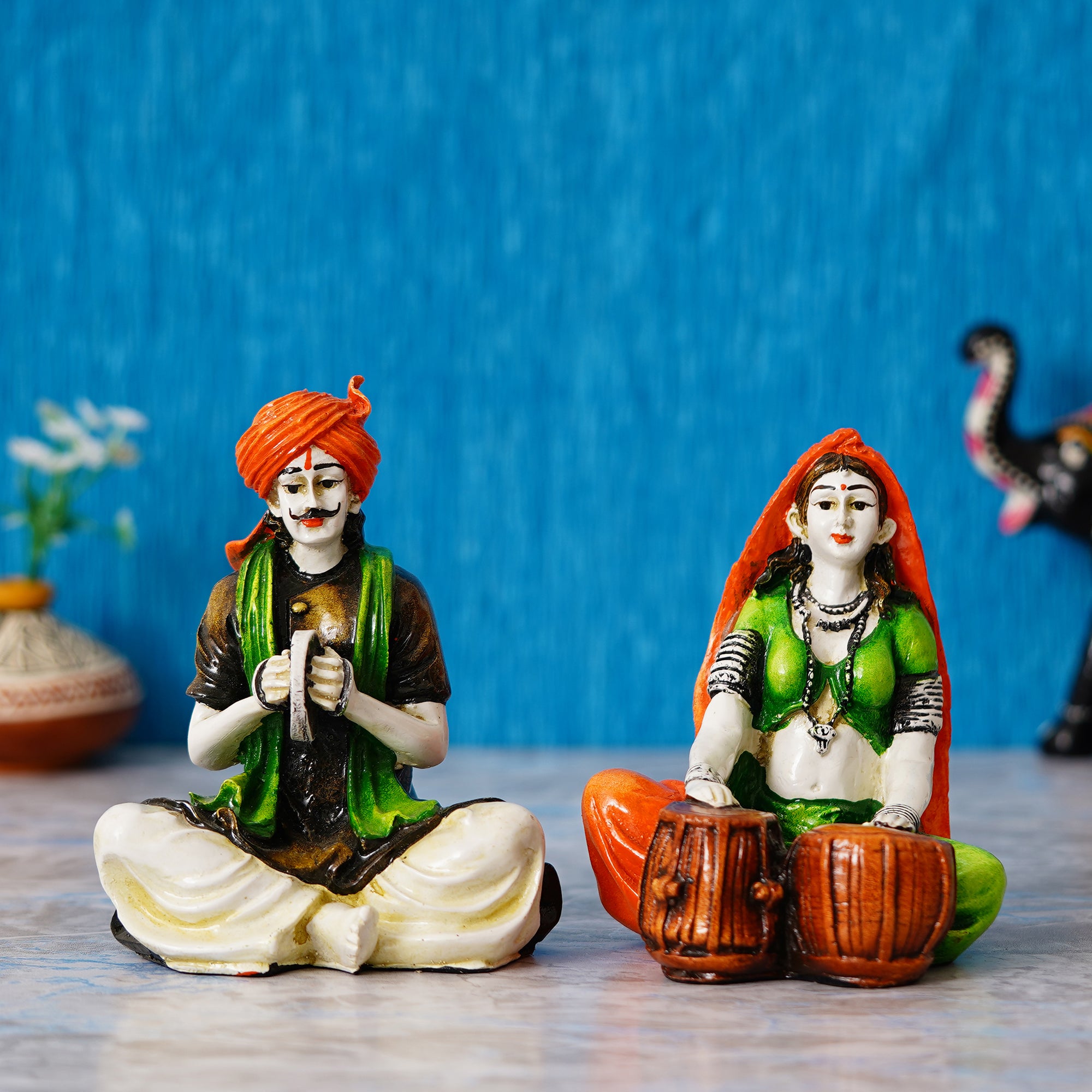 Colorful Combo of Rajasthani Craftsmen and Lady Playing a Musical Instrument Statue 1