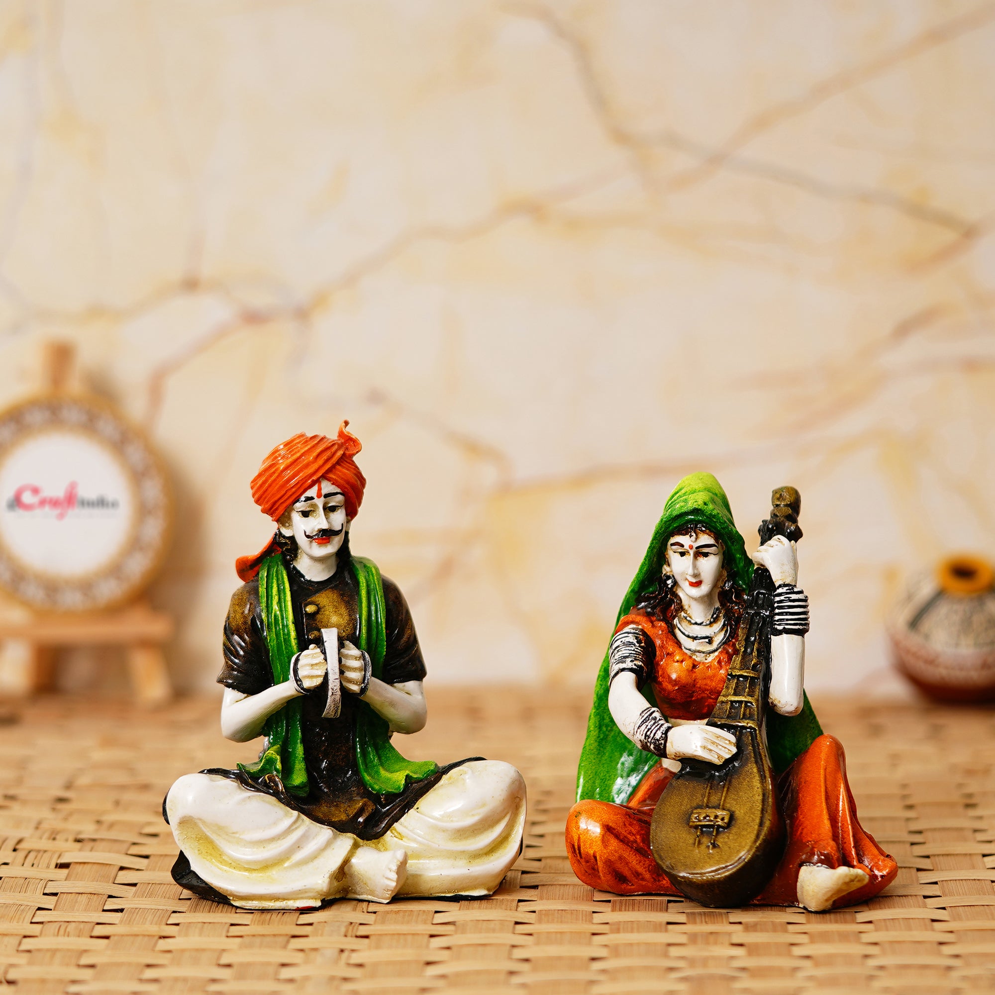 Colorful Combo of Rajasthani Craftsmen and Lady Playing a Musical Instrument Statue