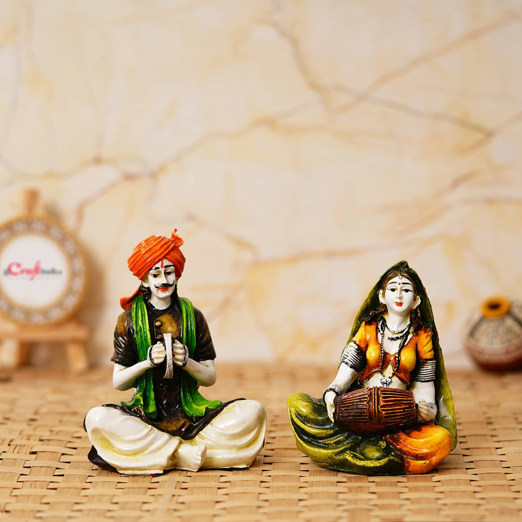 Colorful Combo of Rajasthani Craftsmen and Lady Playing a Musical Instrument Statue