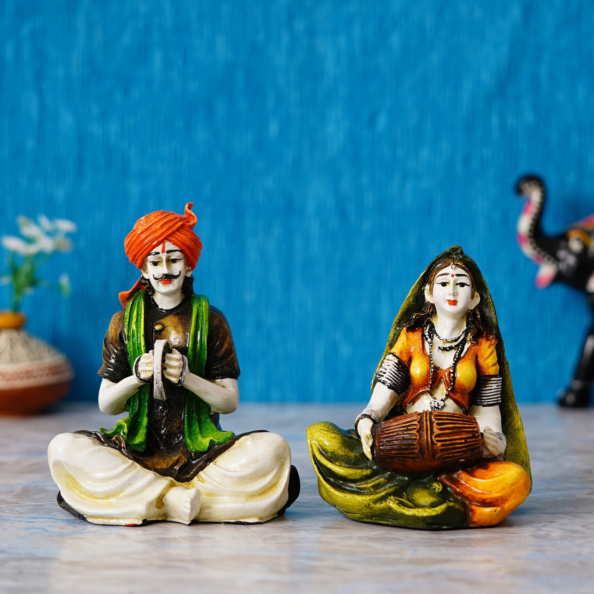 Colorful Combo of Rajasthani Craftsmen and Lady Playing a Musical Instrument Statue 1