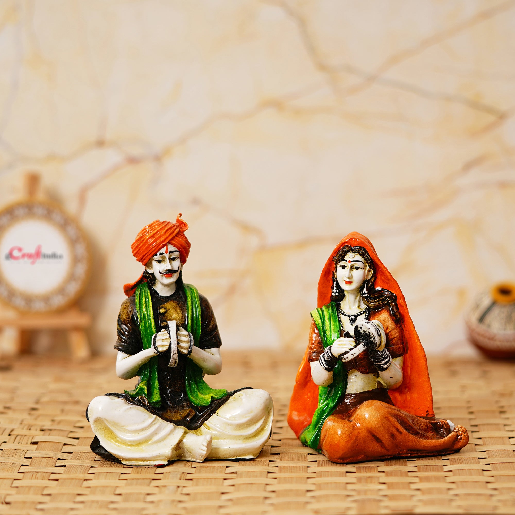 Colorful Combo of Rajasthani Craftsmen and Lady Playing a Musical Instrument Statue