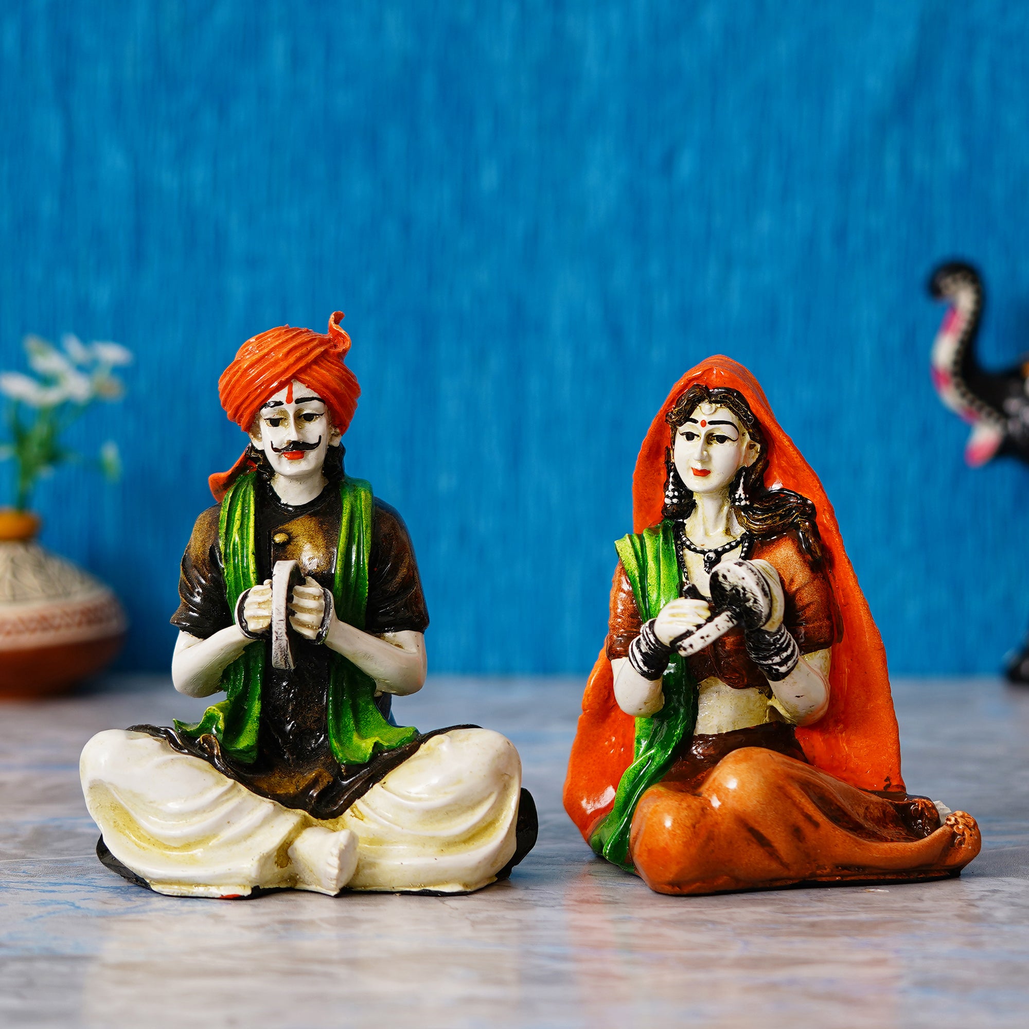 Colorful Combo of Rajasthani Craftsmen and Lady Playing a Musical Instrument Statue 1