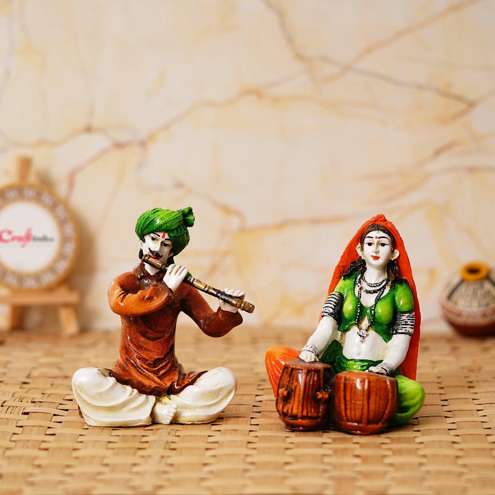 Colorful Combo of Rajasthani Craftsmen and Lady Playing a Musical Instrument Statue