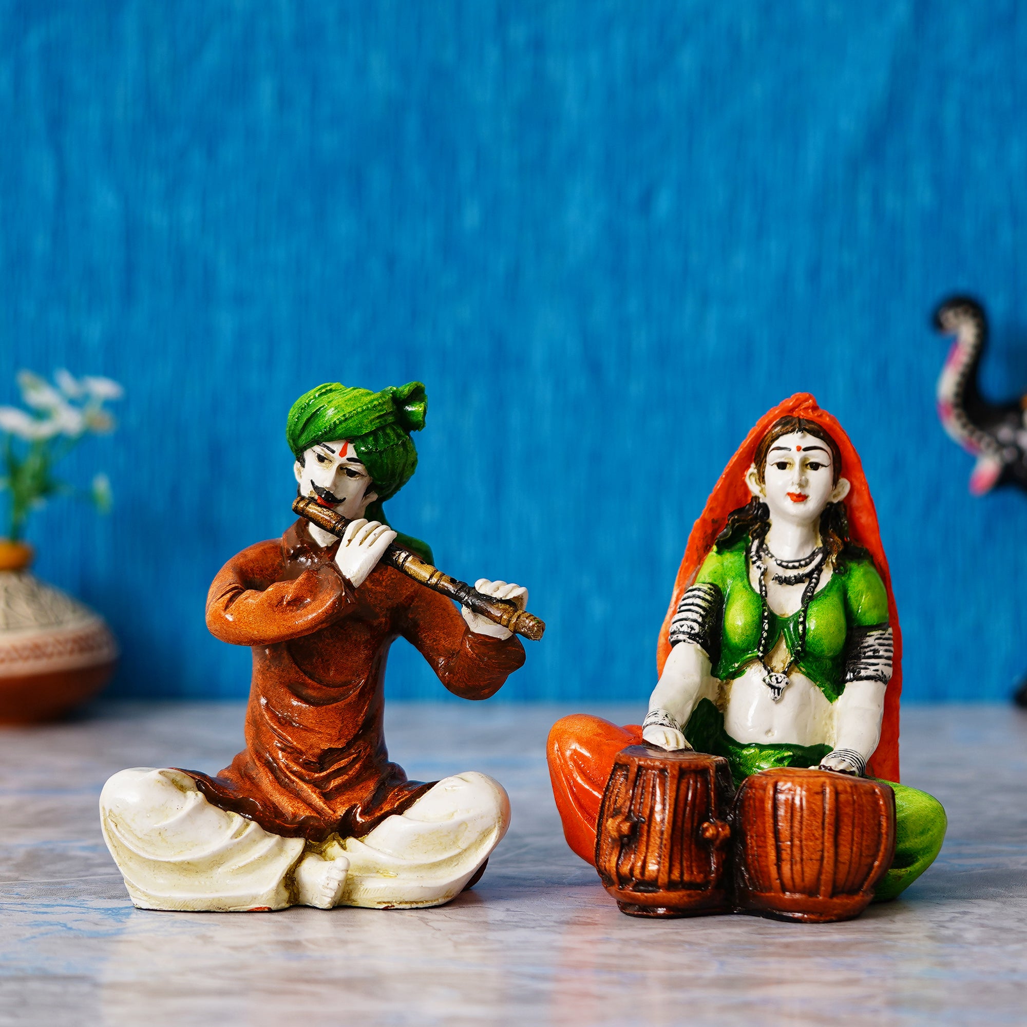 Colorful Combo of Rajasthani Craftsmen and Lady Playing a Musical Instrument Statue 1