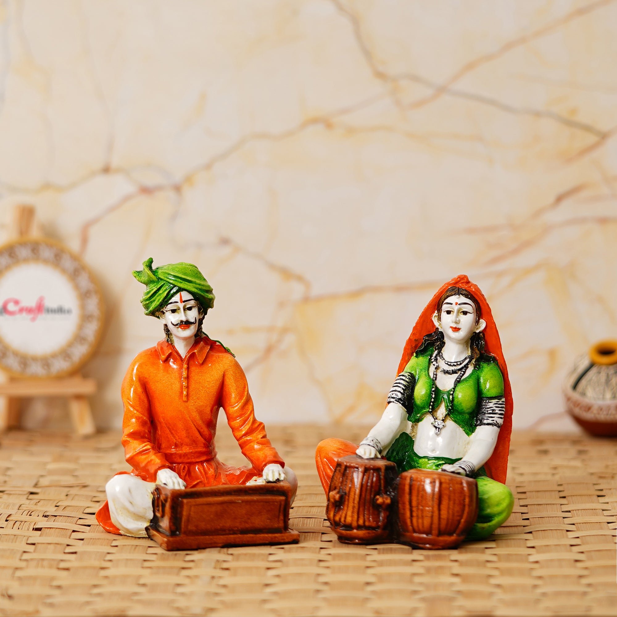 Colorful Combo of Rajasthani Craftsmen and Lady Playing a Musical Instrument Statue