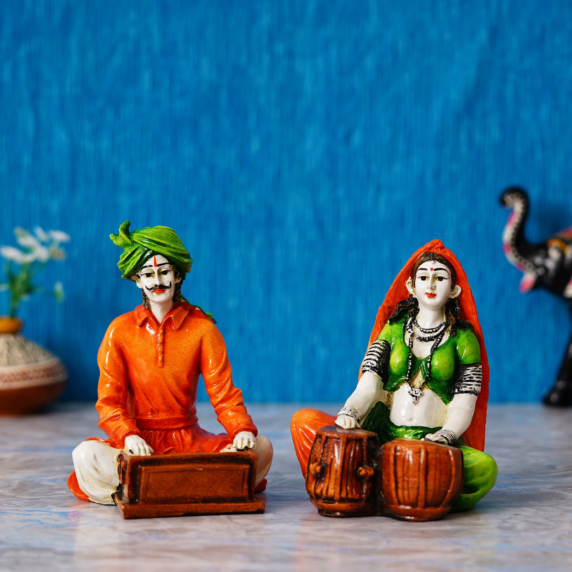 Colorful Combo of Rajasthani Craftsmen and Lady Playing a Musical Instrument Statue 1