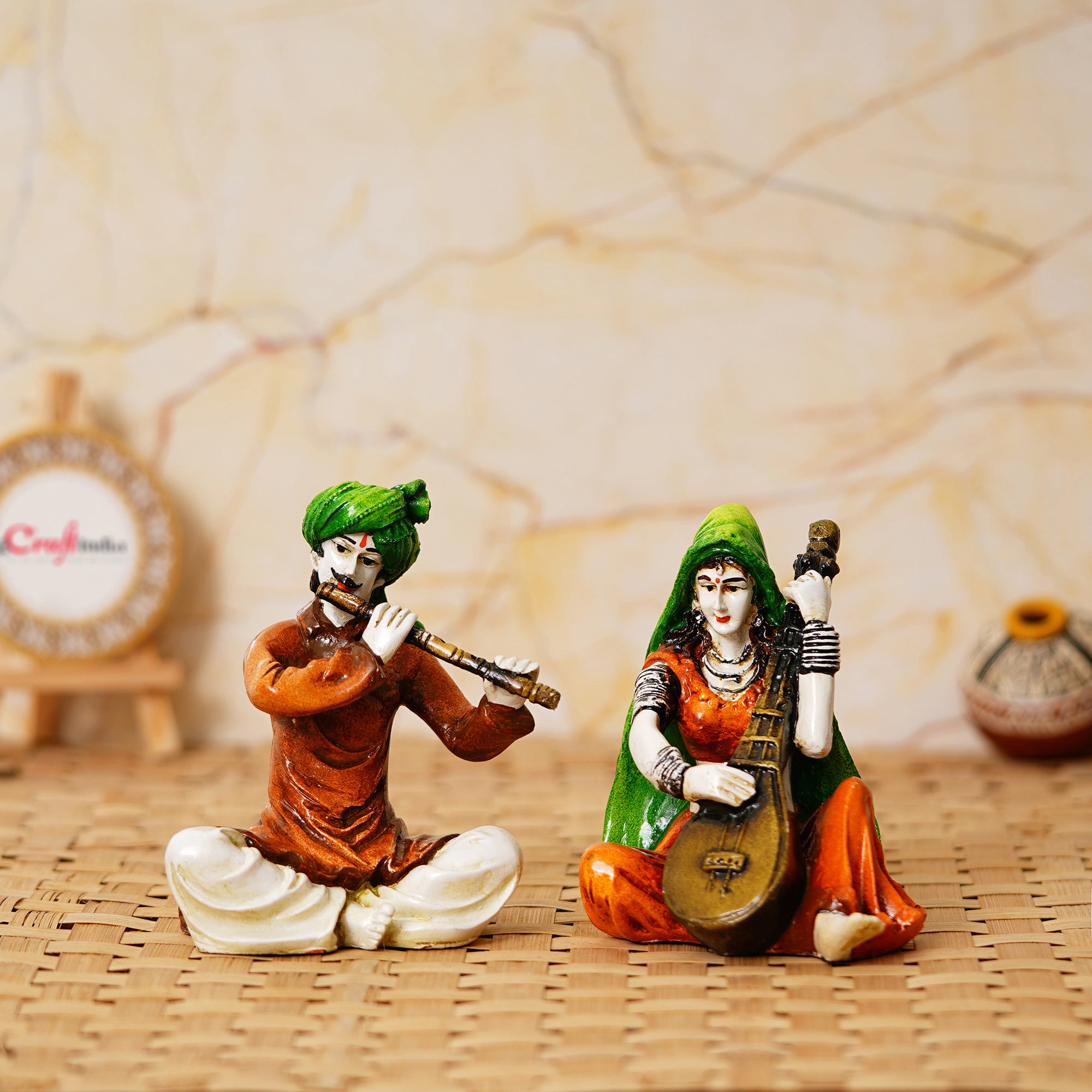 Colorful Combo of Rajasthani Craftsmen and Lady Playing a Musical Instrument Statue