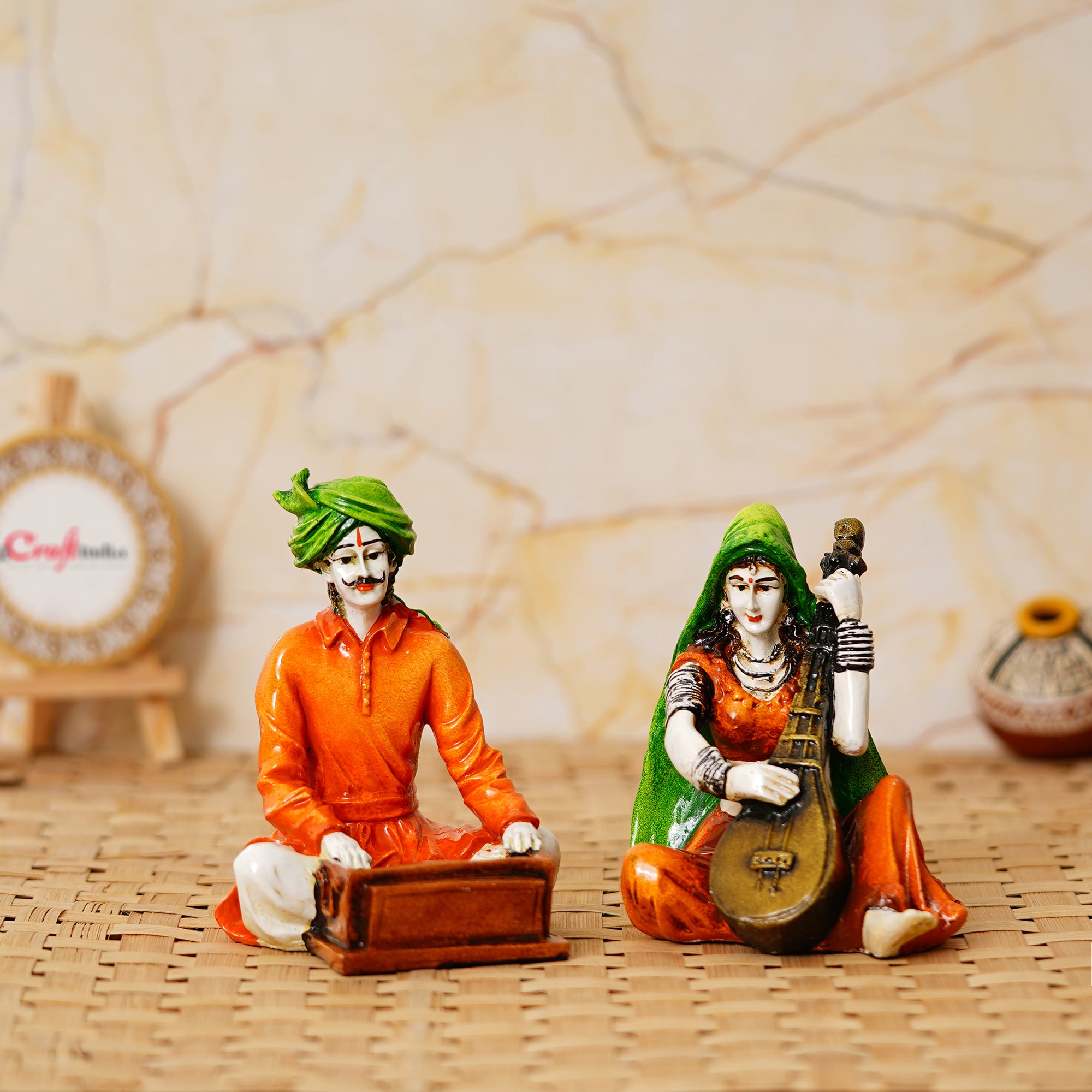 Colorful Combo of Rajasthani Craftsmen and Lady Playing a Musical Instrument Statue