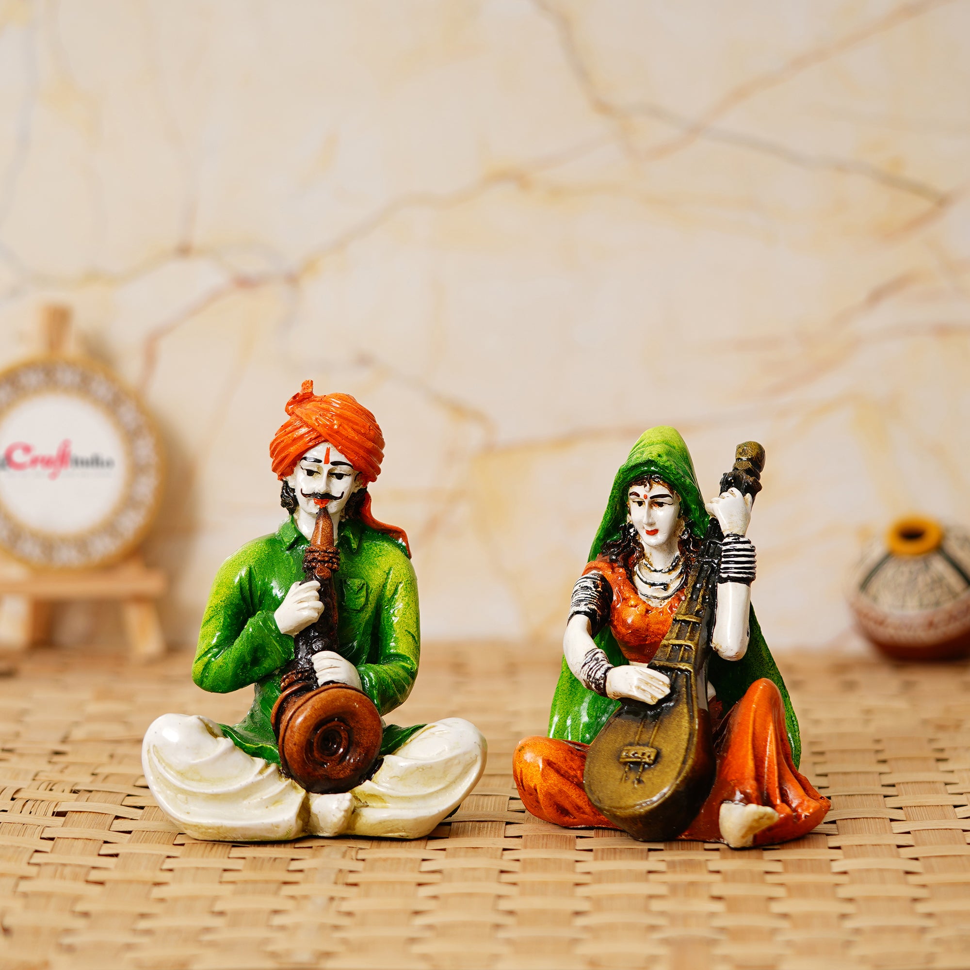 Colorful Combo of Rajasthani Craftsmen and Lady Playing a Musical Instrument Statue