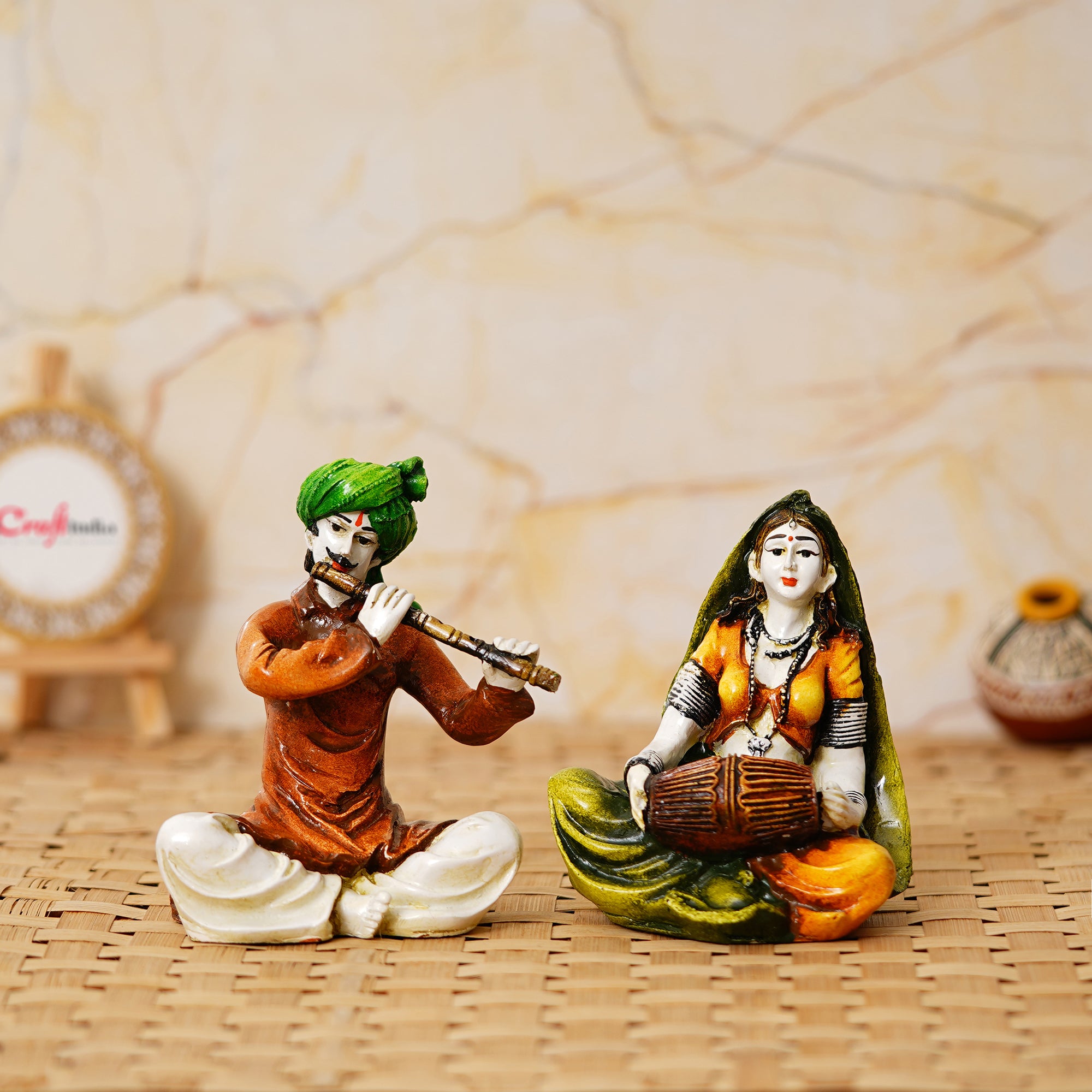 Colorful Combo of Rajasthani Craftsmen and Lady Playing a Musical Instrument Statue