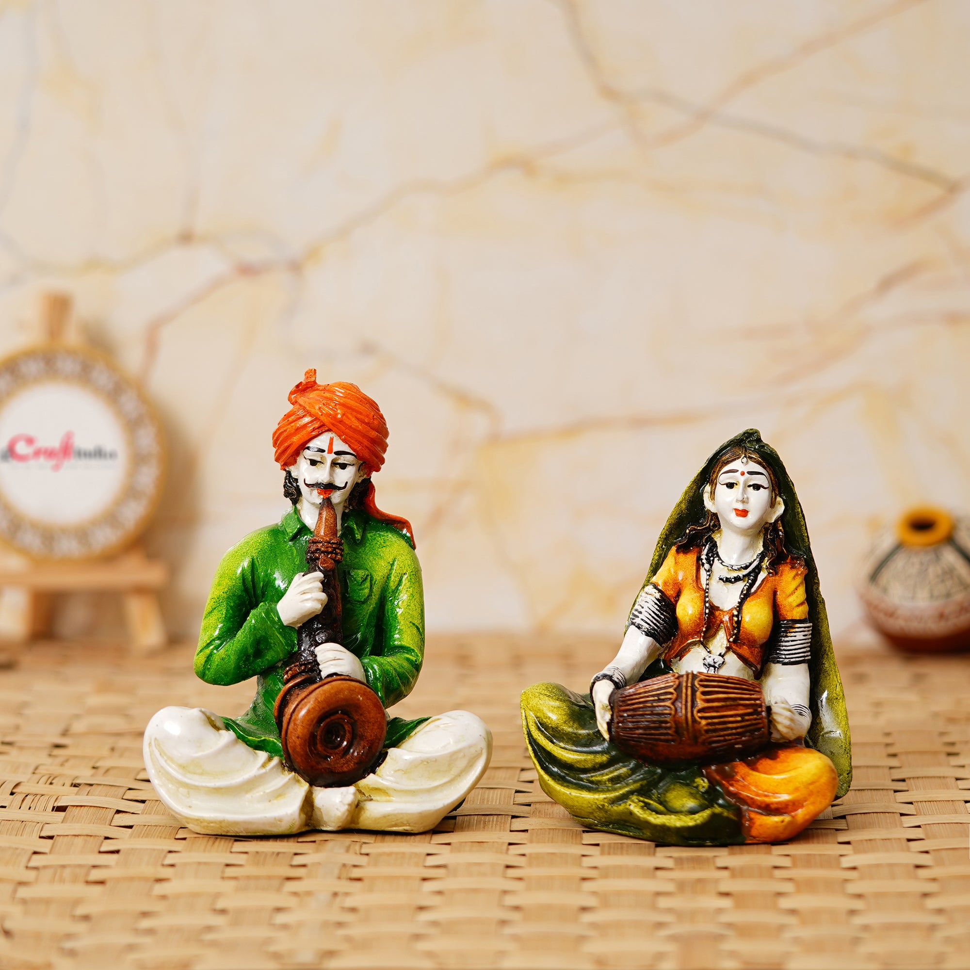 Colorful Combo of Rajasthani Craftsmen and Lady Playing a Musical Instrument Statue