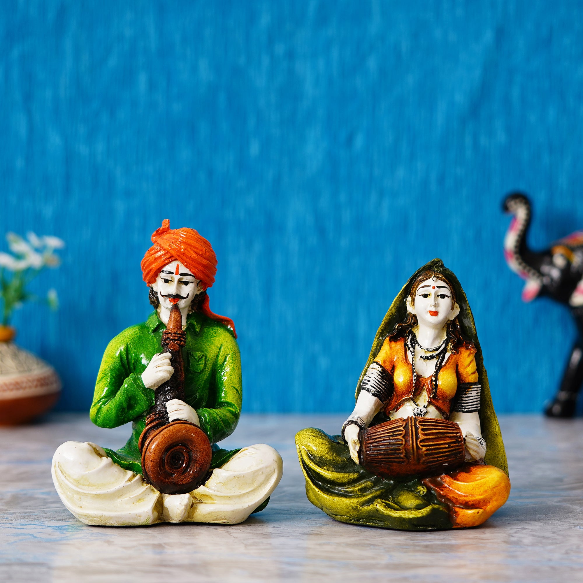 Colorful Combo of Rajasthani Craftsmen and Lady Playing a Musical Instrument Statue 1