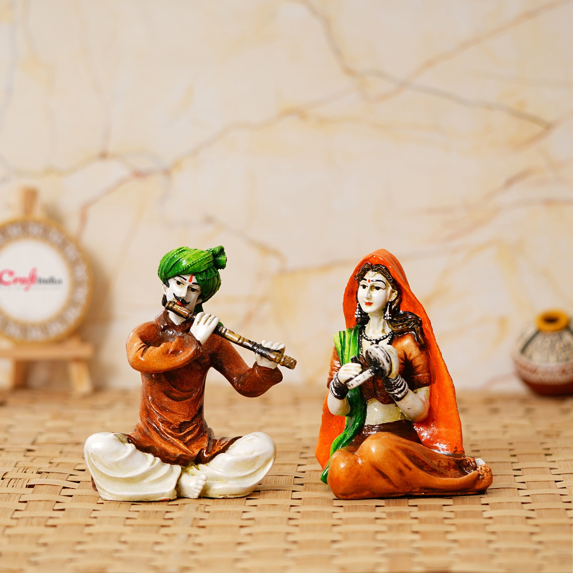 Colorful Combo of Rajasthani Craftsmen and Lady Playing a Musical Instrument Statue