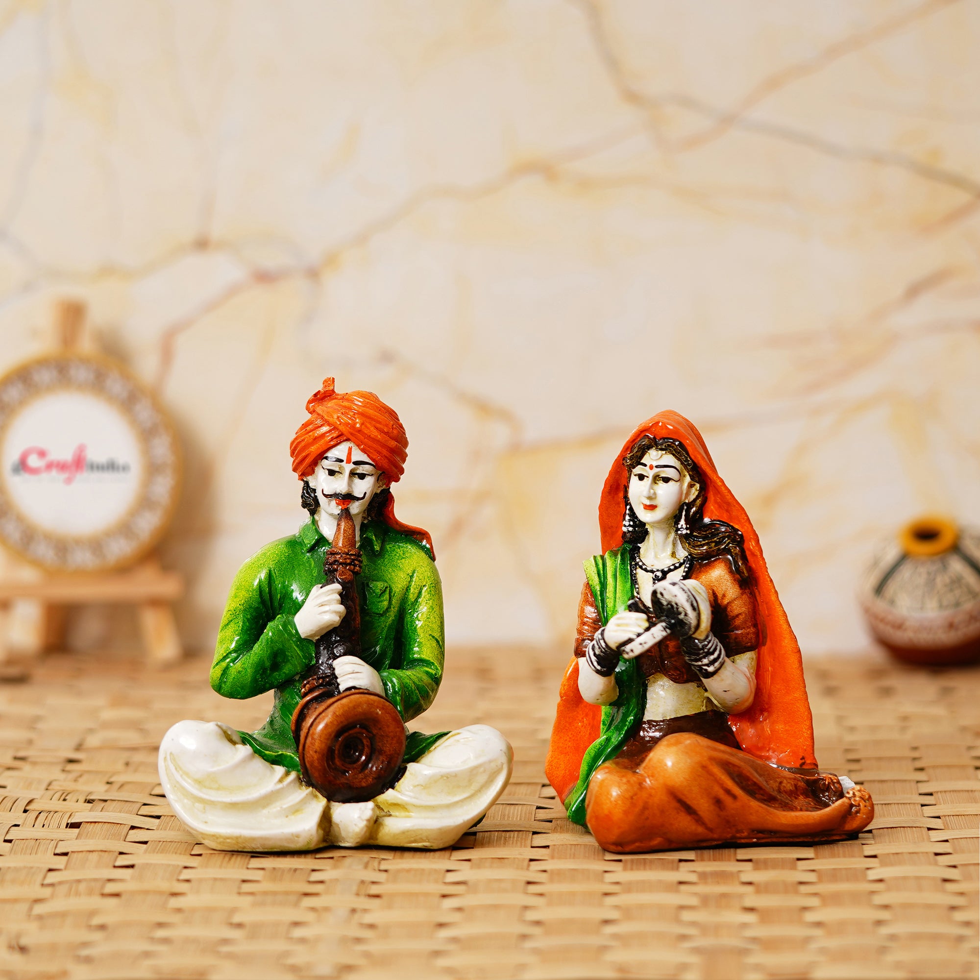 Colorful Combo of Rajasthani Craftsmen and Lady Playing a Musical Instrument Statue