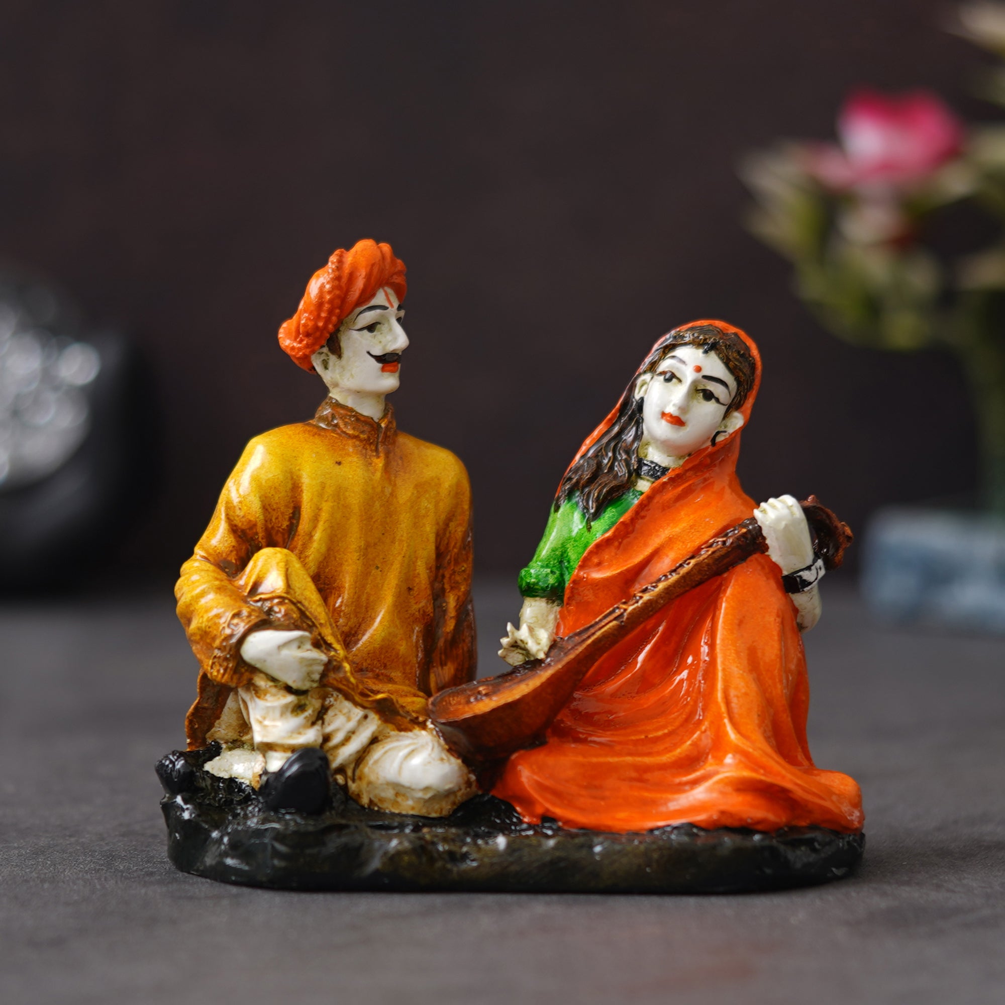 eCraftIndia Polyresin Man and Woman Playing Veena Statues Decorative Couple Showpiece