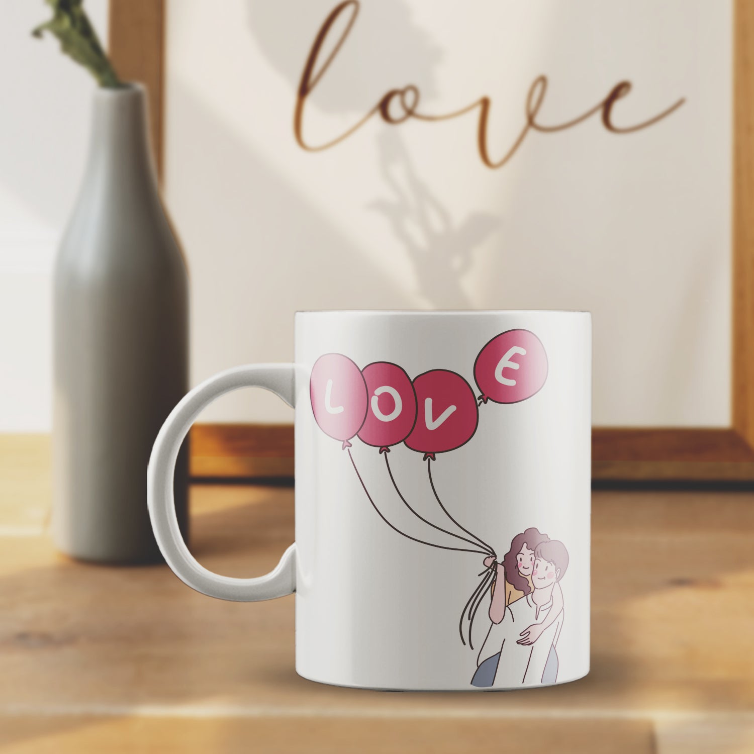 Boy And Girl Holding Love Balloon Valentine Love Theme Ceramic Coffee Mug 1