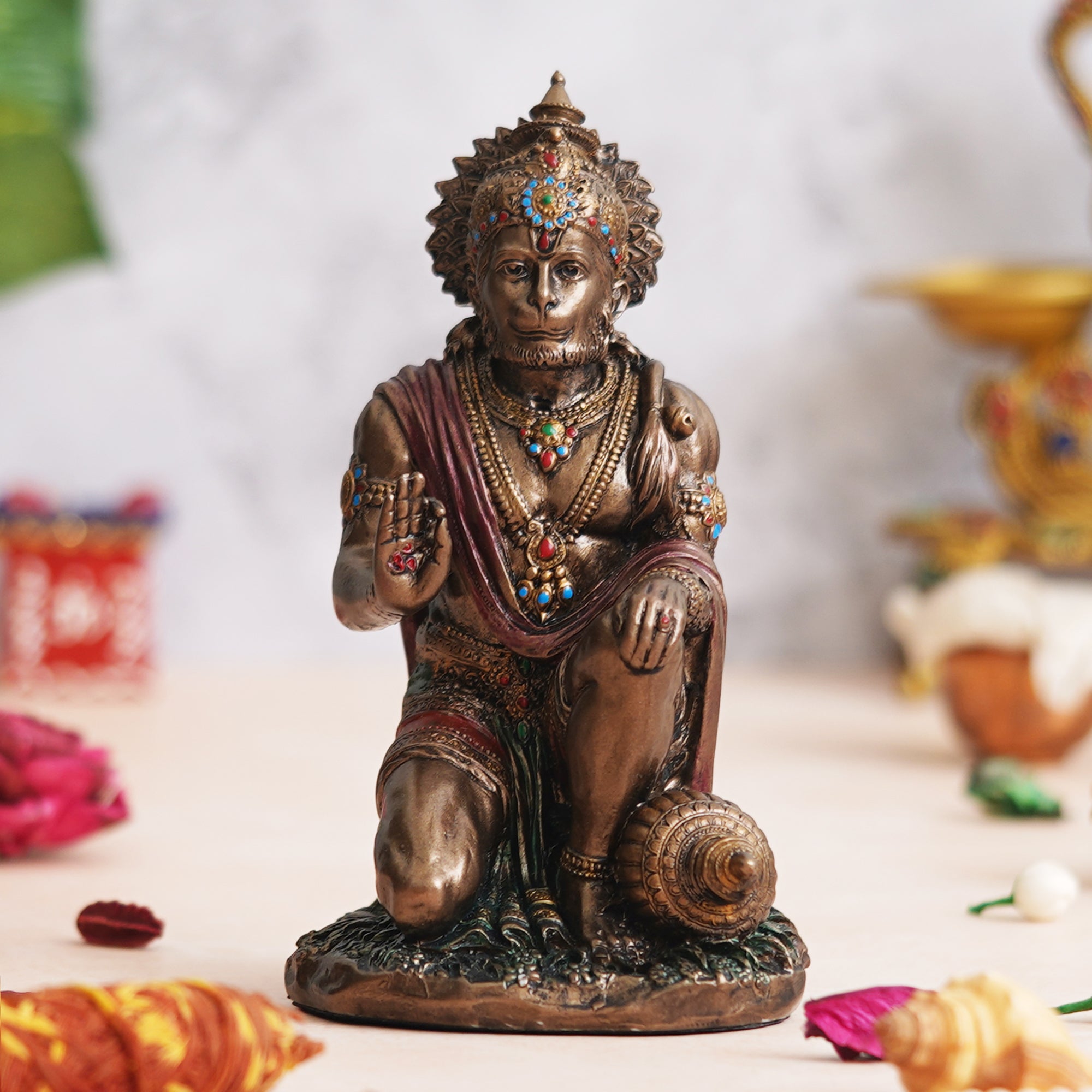 eCraftIndia Rustic Gold Blessing Hanuman Statue Sitting with Gada