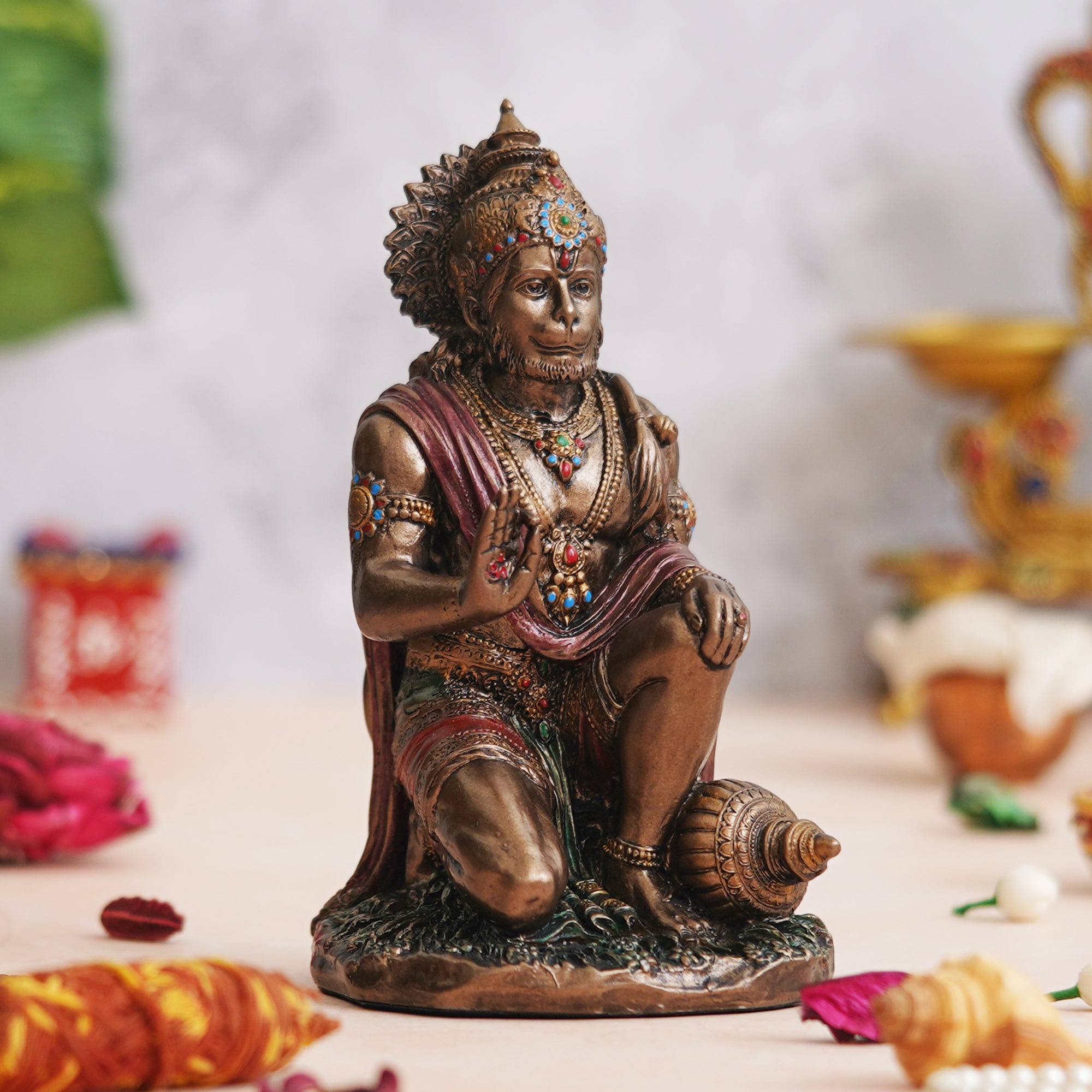 eCraftIndia Rustic Gold Blessing Hanuman Statue Sitting with Gada 1