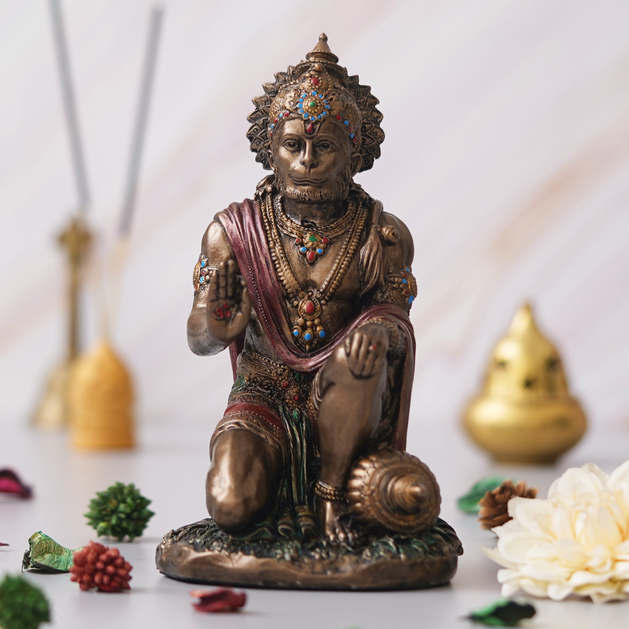 eCraftIndia Rustic Gold Blessing Hanuman Statue Sitting with Gada 4