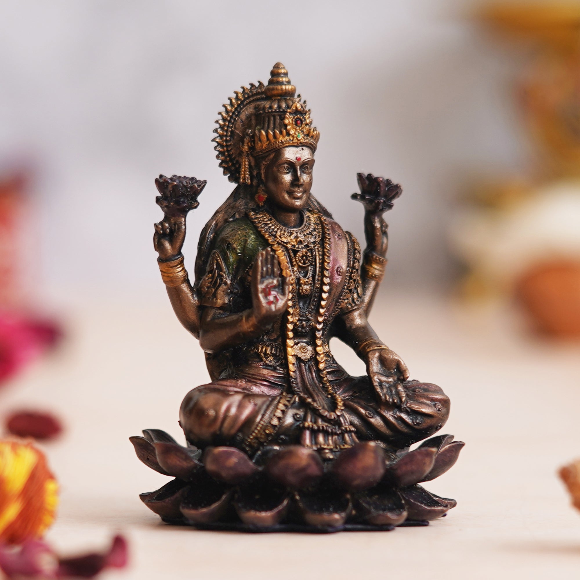 eCraftIndia Polyresin Handcrafted Blessing Goddess Lakshmi Statue sitting on the Lotus Flower 1