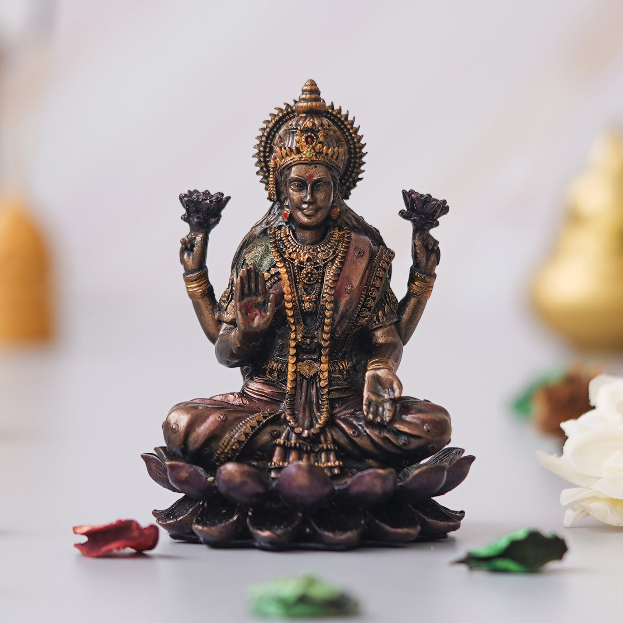 eCraftIndia Polyresin Handcrafted Blessing Goddess Lakshmi Statue sitting on the Lotus Flower 4