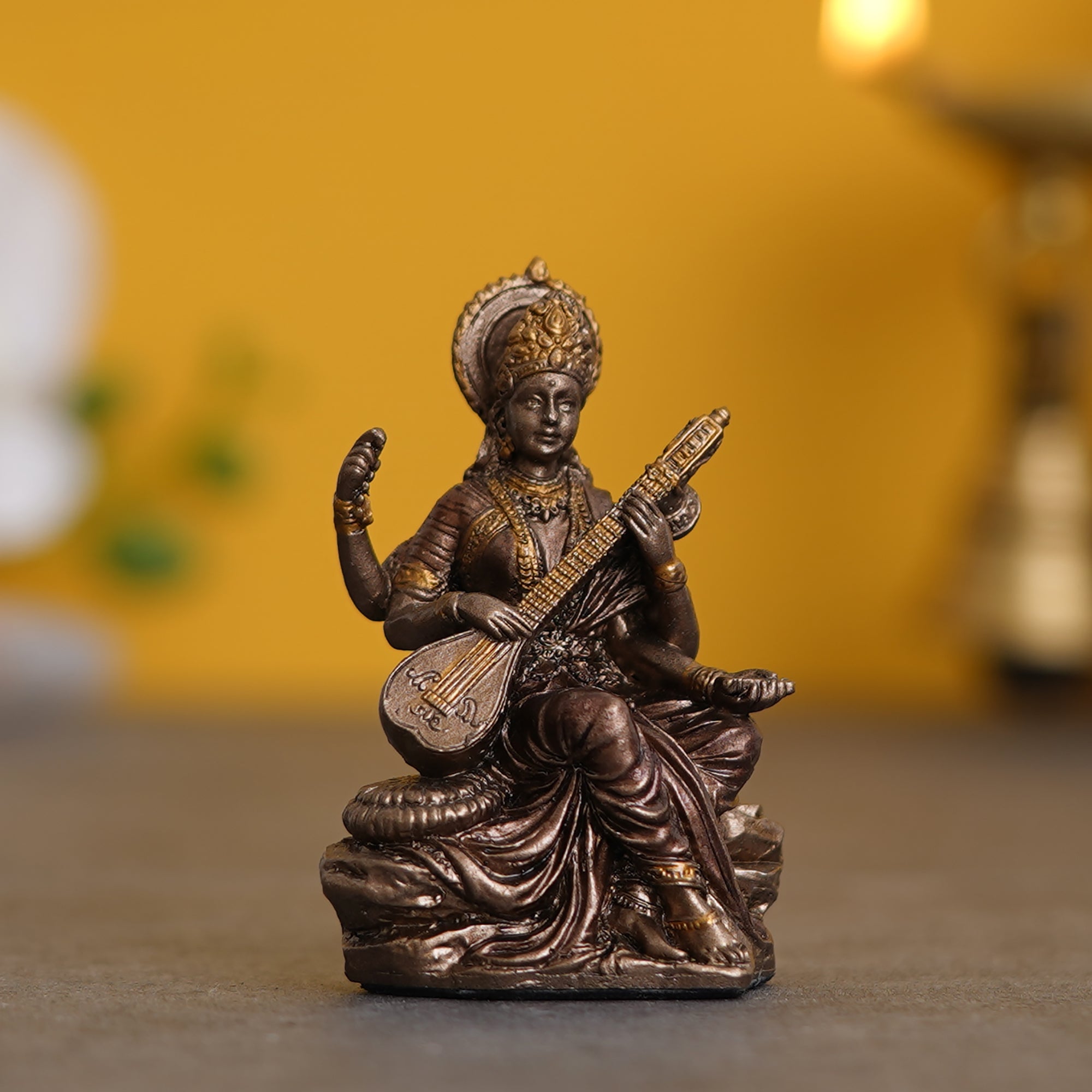 Goddess Saraswati Playing Veena Cold Cast Bronze Resin Decorative Figurine