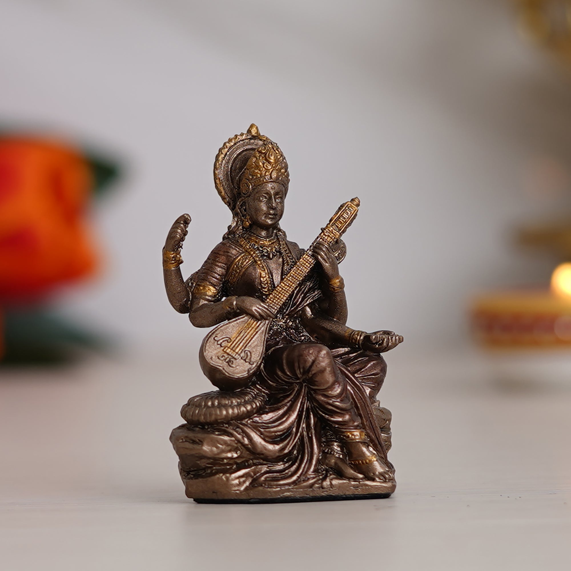 Goddess Saraswati Playing Veena Cold Cast Bronze Resin Decorative Figurine 1