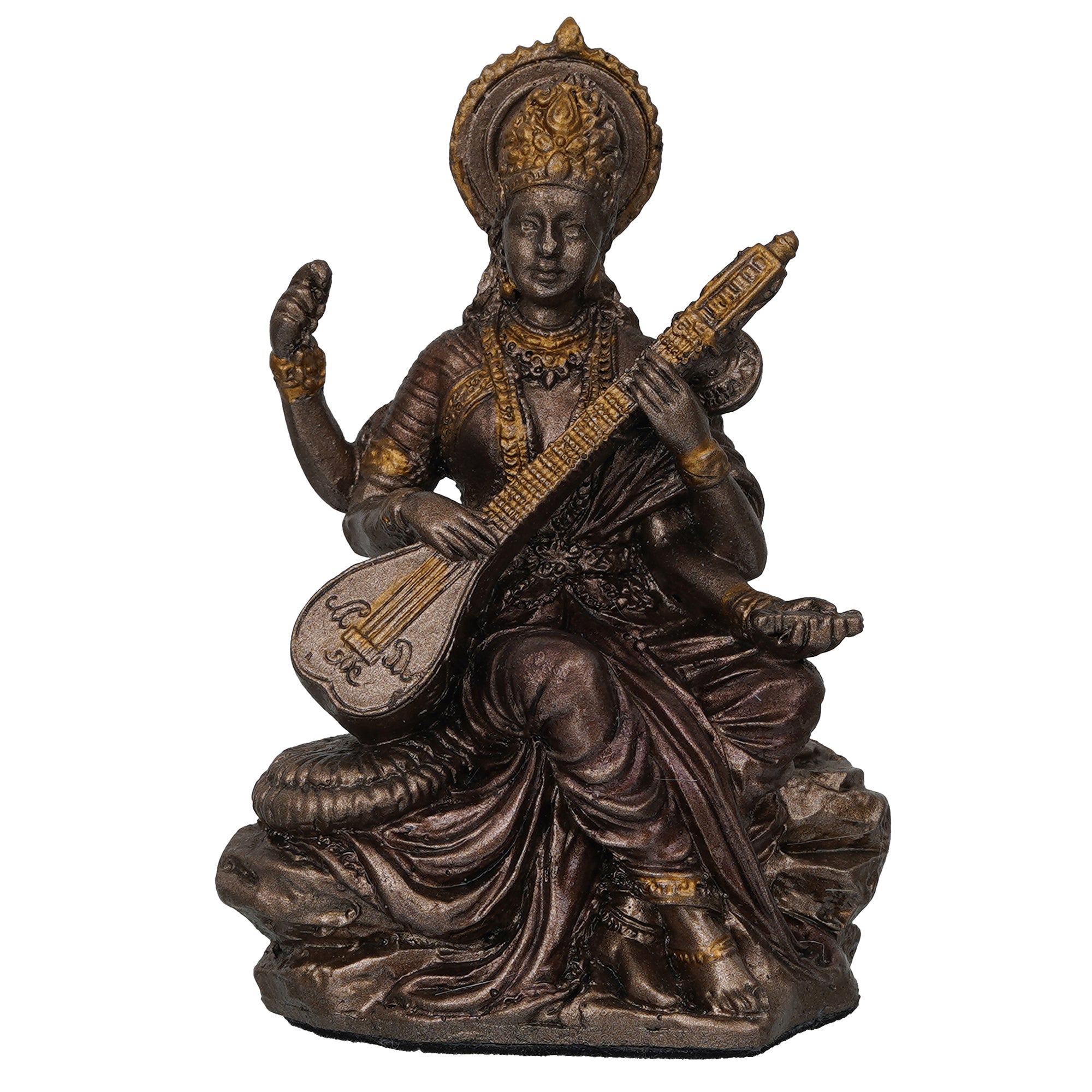 Goddess Saraswati Playing Veena Cold Cast Bronze Resin Decorative Figurine 2