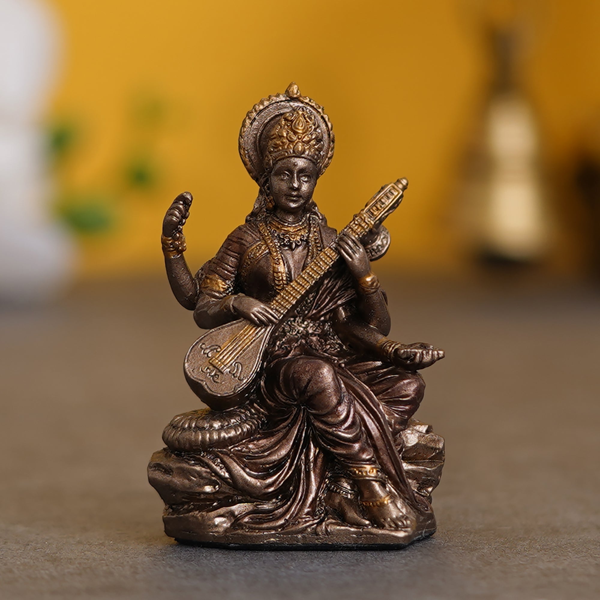 Goddess Saraswati Playing Veena Cold Cast Bronze Resin Decorative Figurine 7