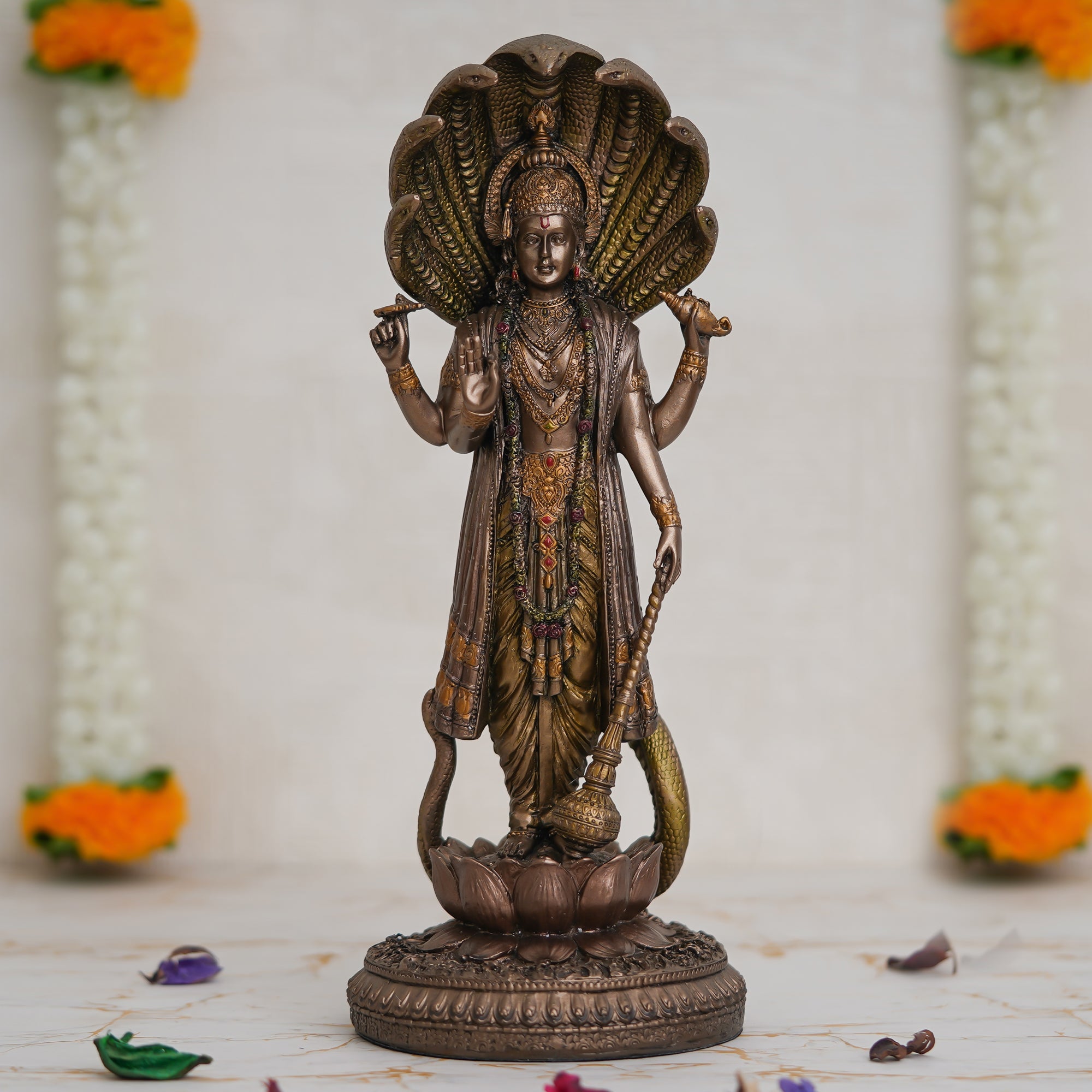 Cold Cast Bronze Resin Lord Vishnu On A Lotus Statue