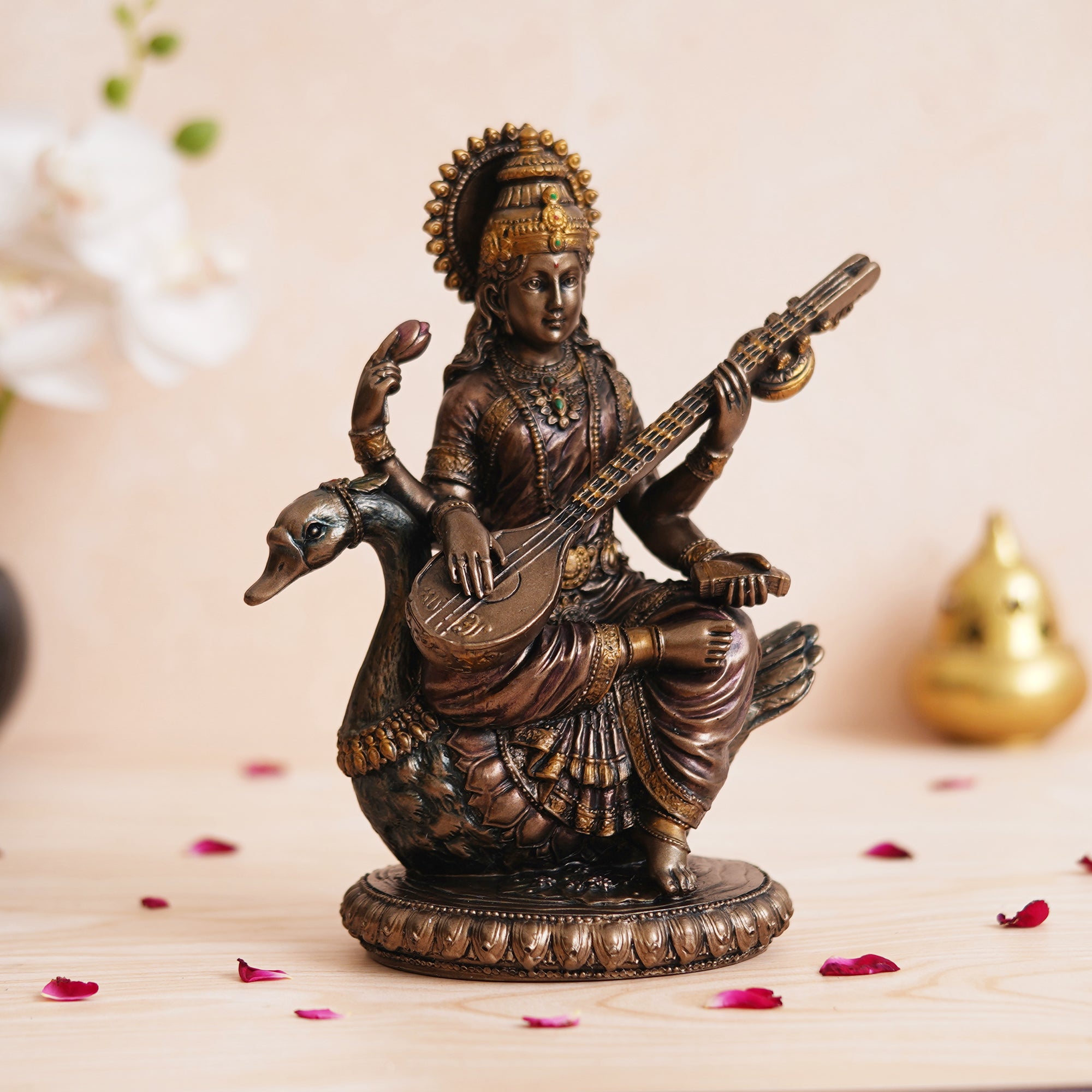 eCraftIndia Goddess Saraswati Idol Sitting on Swan Playing Veena Statue - Goddess of Knowledge, Music, and Art 1