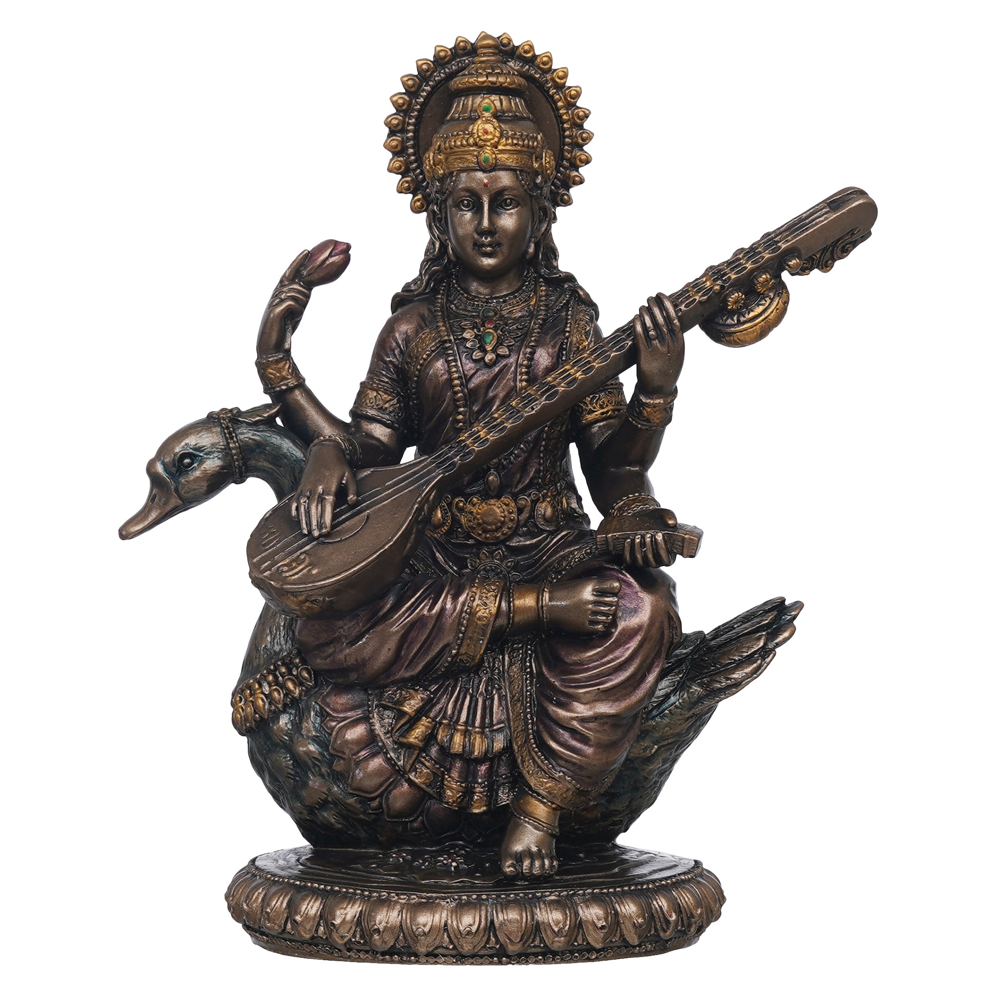 eCraftIndia Goddess Saraswati Idol Sitting on Swan Playing Veena Statue - Goddess of Knowledge, Music, and Art 2