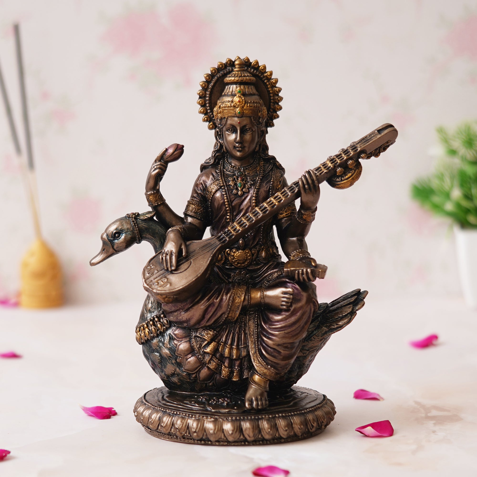 eCraftIndia Goddess Saraswati Idol Sitting on Swan Playing Veena Statue - Goddess of Knowledge, Music, and Art 4