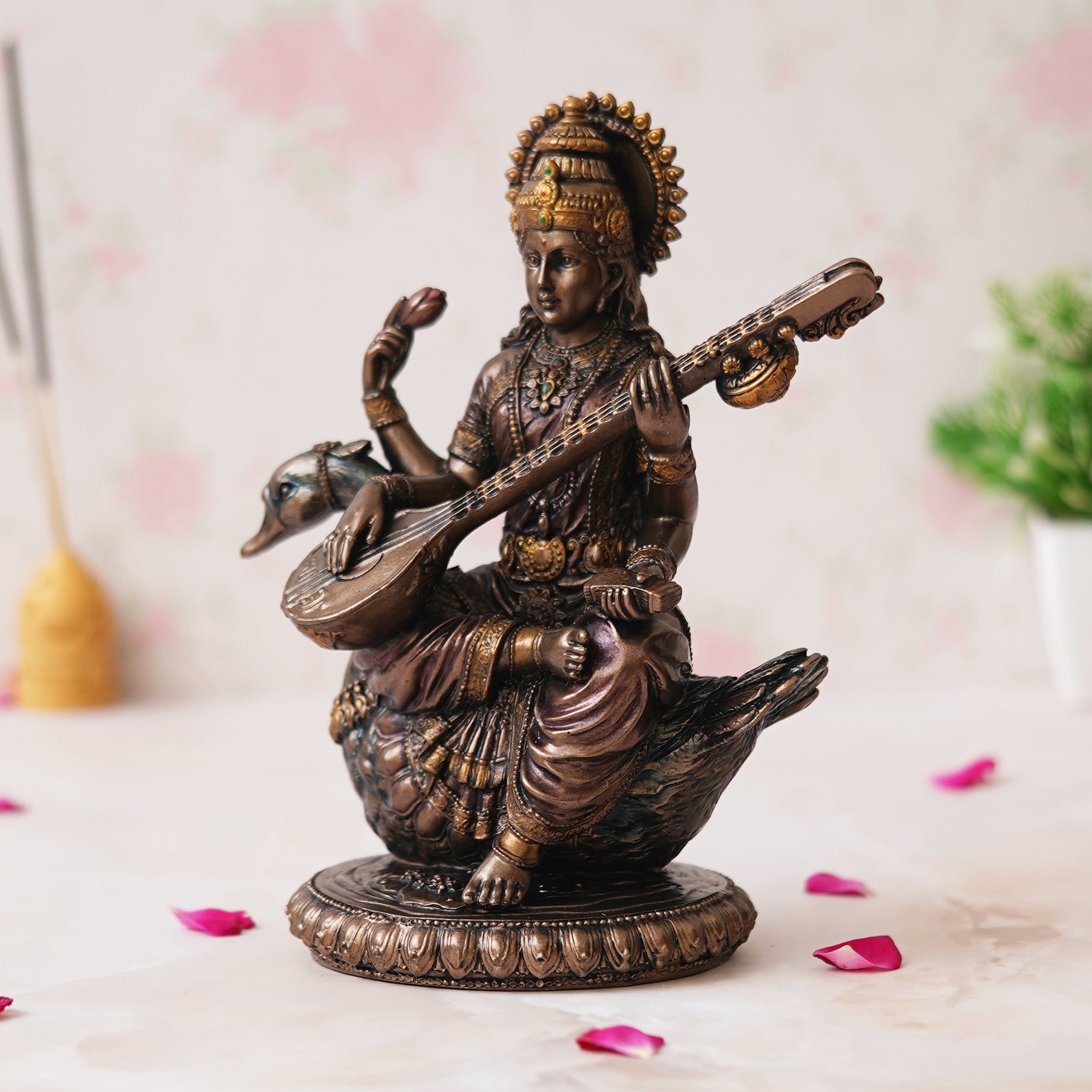 eCraftIndia Goddess Saraswati Idol Sitting on Swan Playing Veena Statue - Goddess of Knowledge, Music, and Art 5