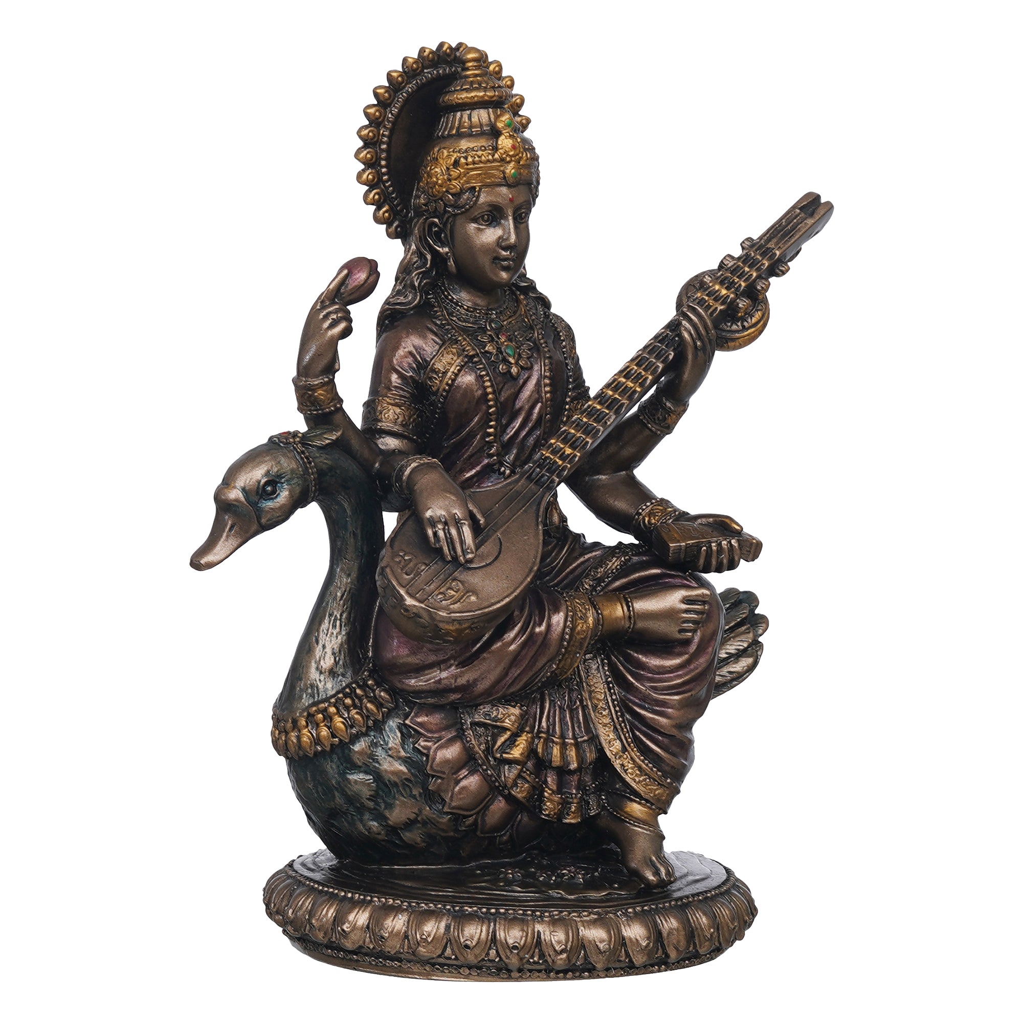 eCraftIndia Goddess Saraswati Idol Sitting on Swan Playing Veena Statue - Goddess of Knowledge, Music, and Art 6