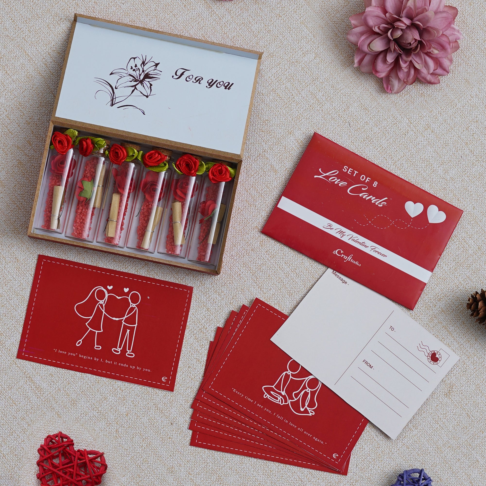 Valentine Combo of Set of 8 Love Post Cards Gift Cards Set, Red Message Bottle Wooden Box Set