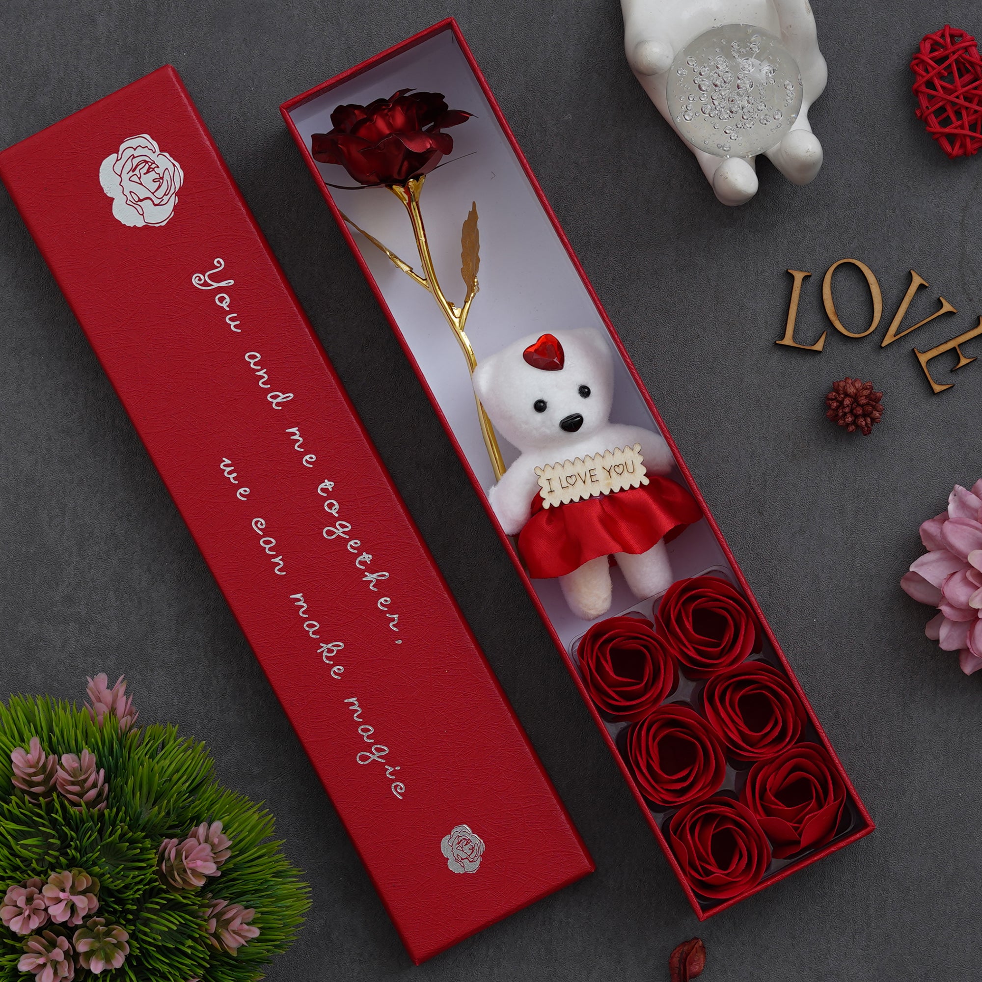 Valentine Combo of Pack of 12 Love Coupons Gift Cards Set, Red Gift Box with Teddy & Roses, Red Message Bottle Wooden Box Set 3