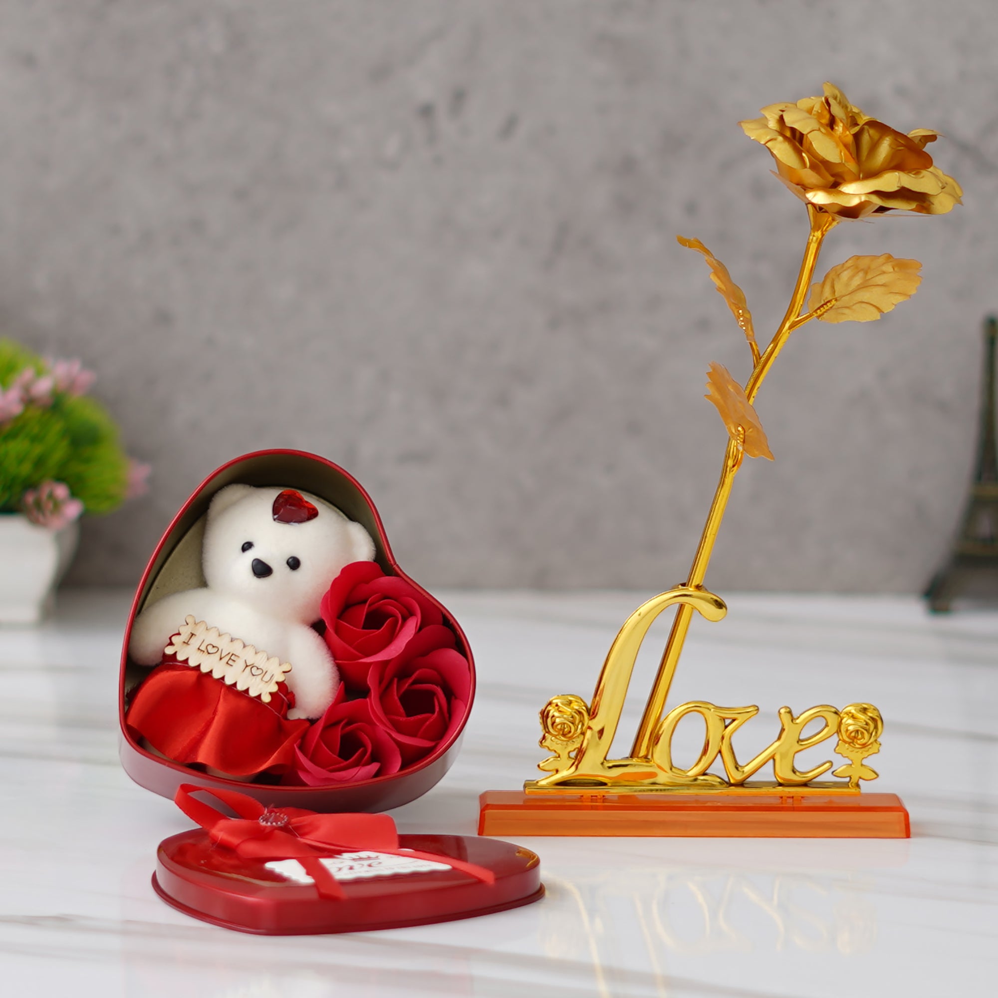 Valentine Combo of Love Golden Rose Table Decor Gift Set Showpiece, Heart Shaped Gift Box Set with White Teddy and Red Roses