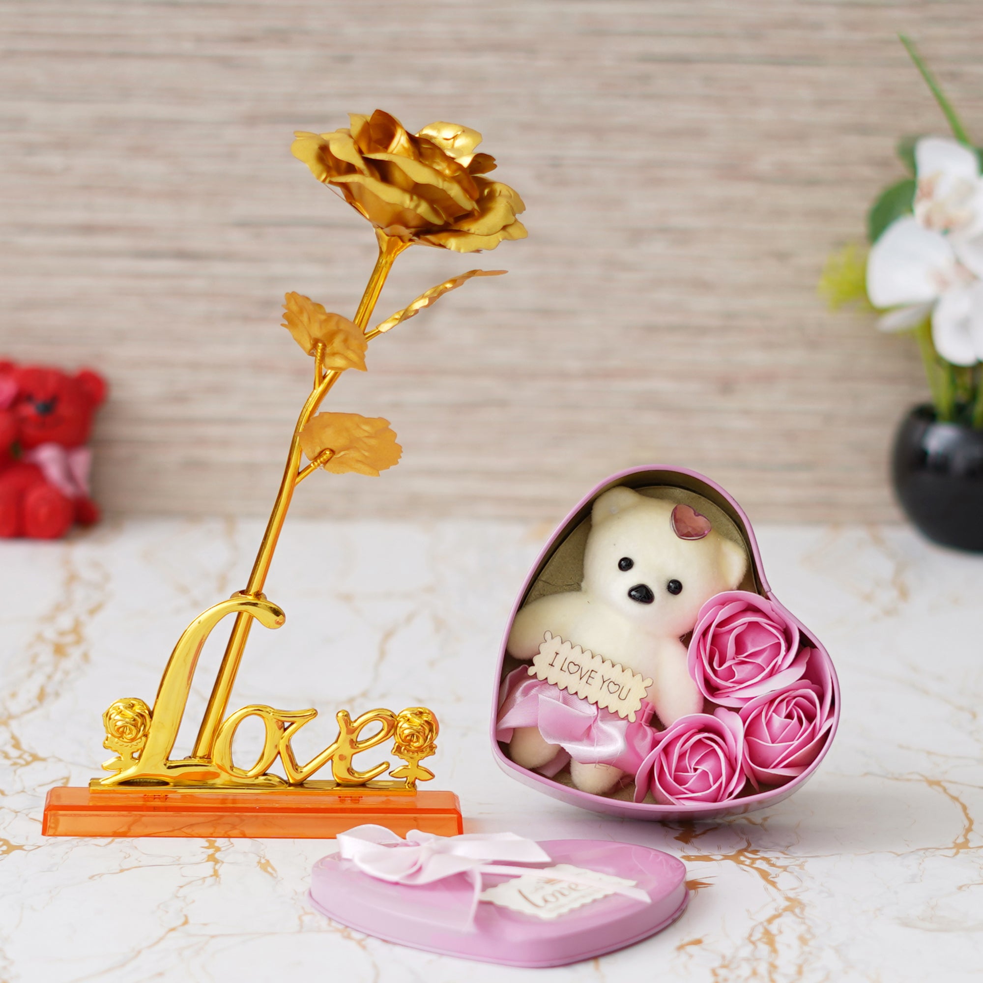 Valentine Combo of Love Golden Rose Table Decor Gift Set Showpiece, Pink Heart Shaped Gift Box with Teddy and Roses