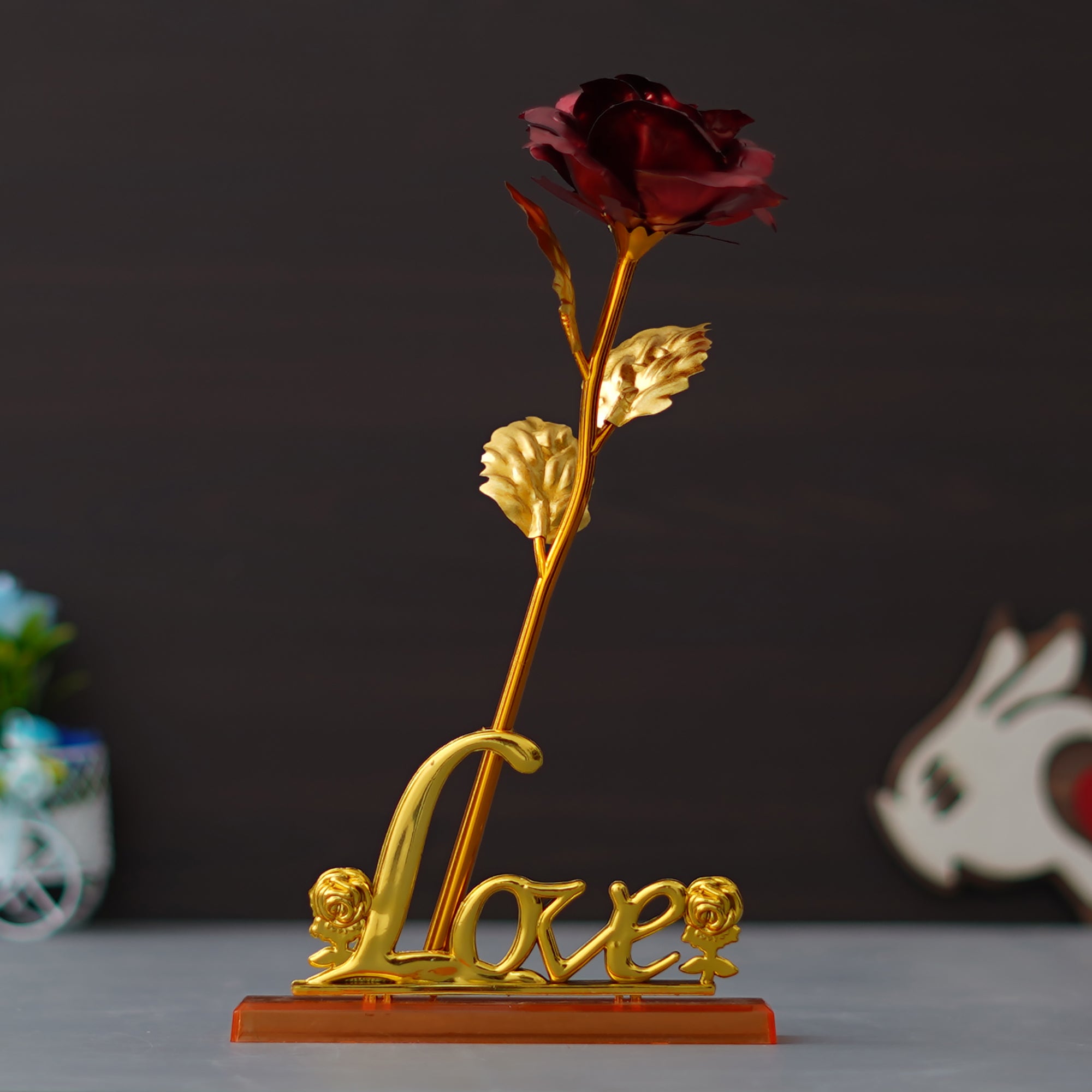 Valentine Combo of Love Golden Red Rose Table Decor Gift Set Showpiece, Heart Shaped Gift Box Set with White Teddy and Red Roses 1