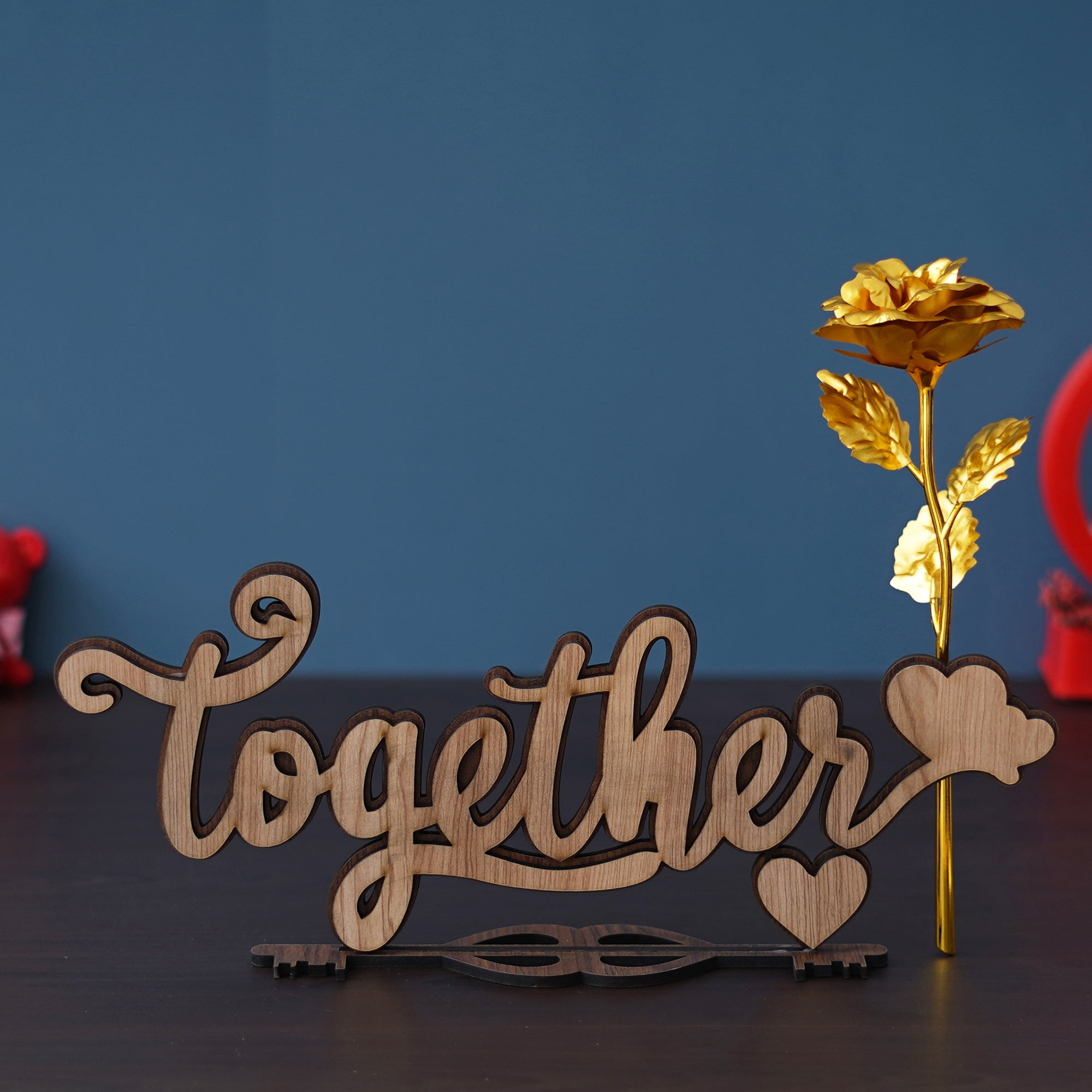 Valentine Combo of Golden Rose Gift Set, "Together" Brown Wooden Puzzle Showpiece With Stand