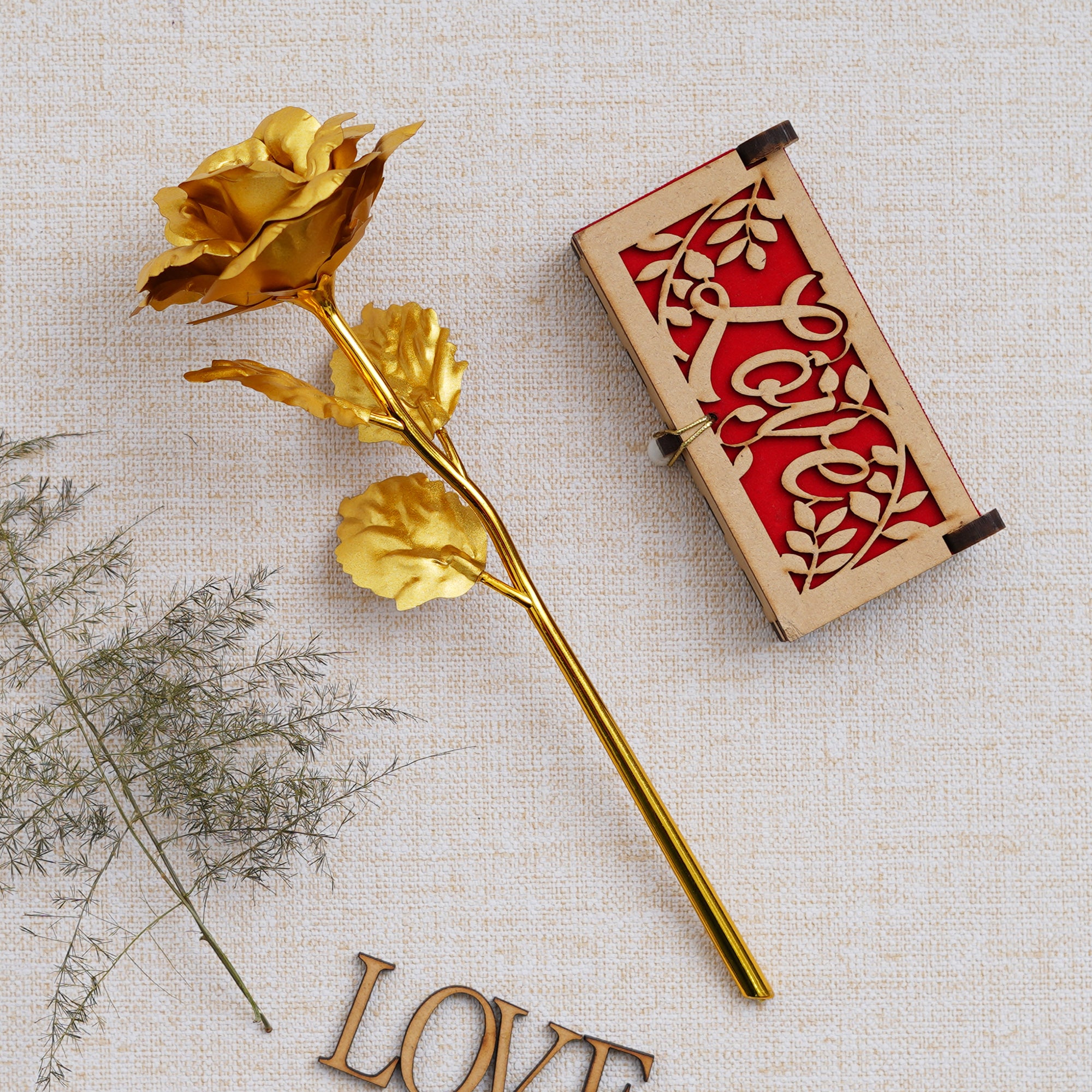 Valentine Combo of Golden Rose Gift Set, "Love" Wooden Gift Box