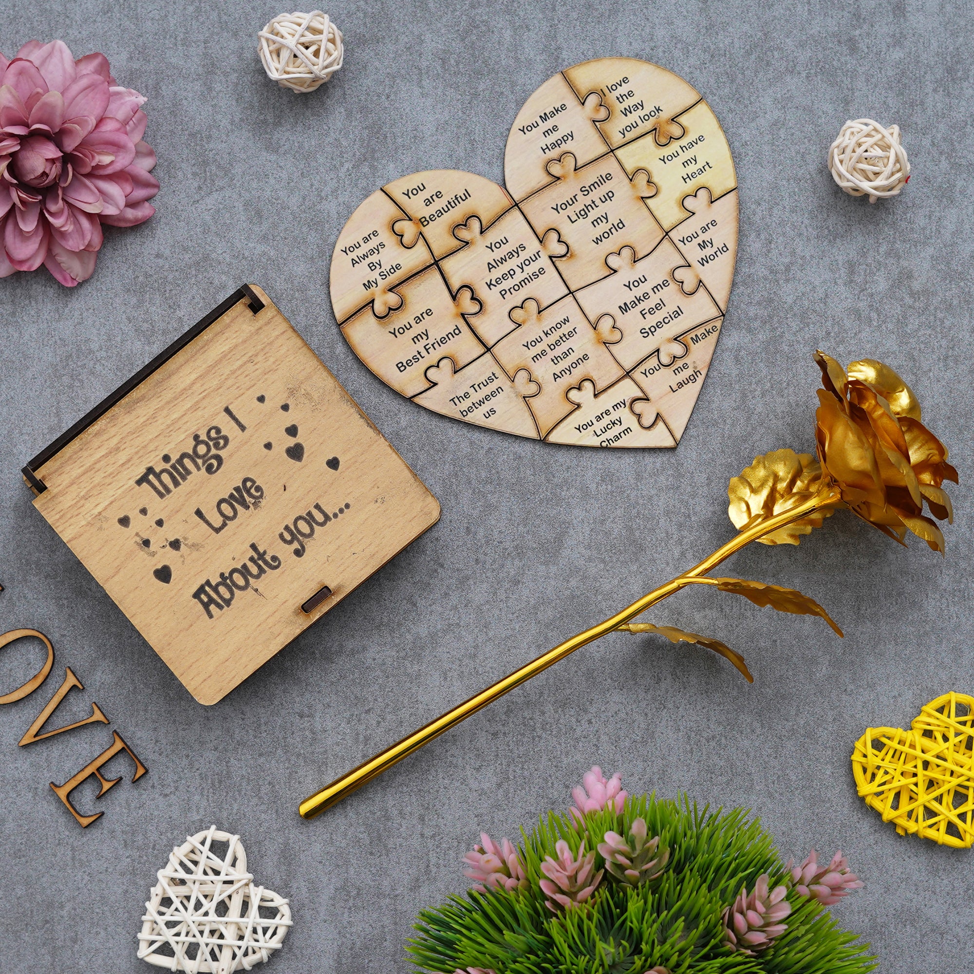 Valentine Combo of Golden Rose Gift Set, "Things I Love About You" Puzzle Wooden Gift Set