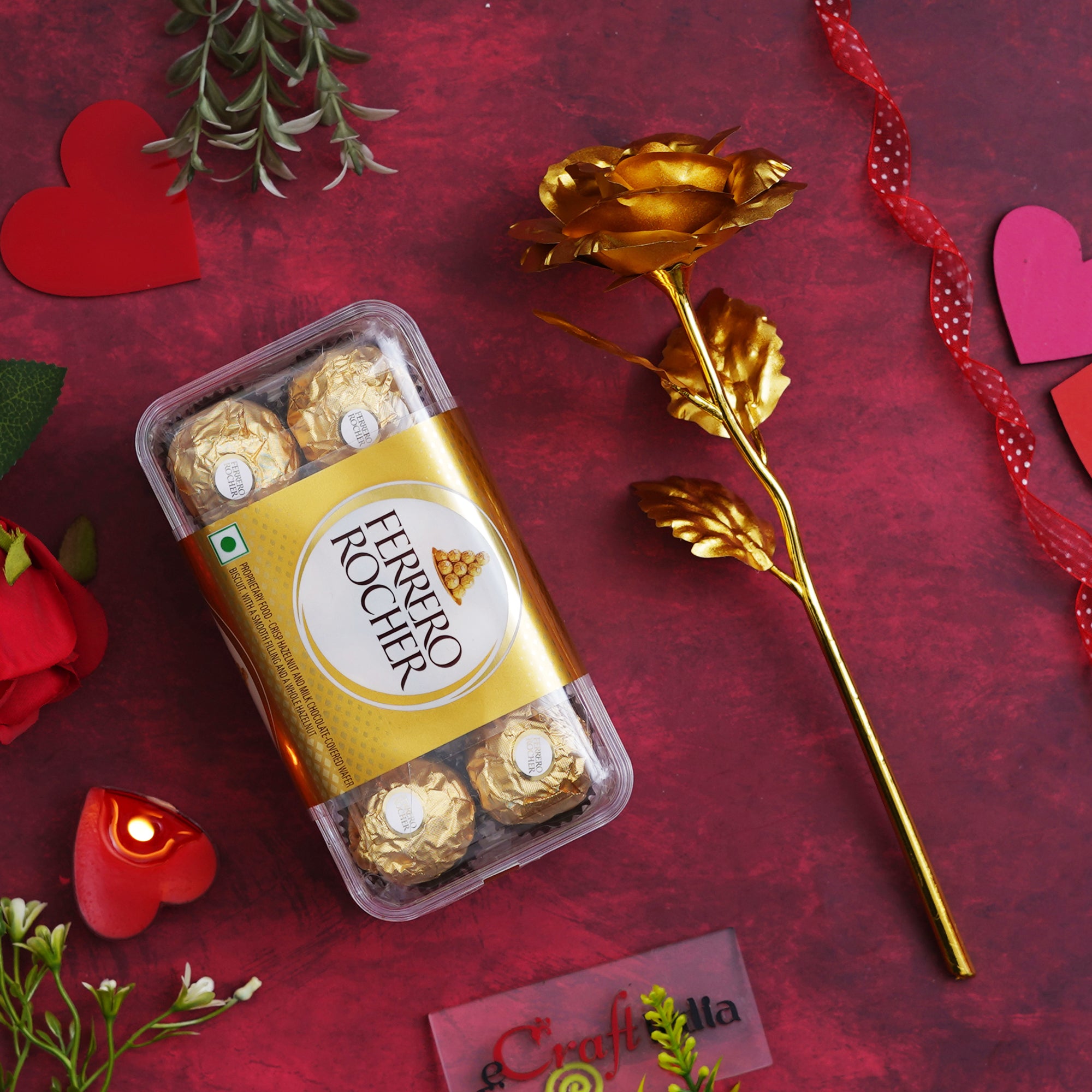 Golden Rose Valentine's Day Gift & Ferrero Rocher Chocolates (8 pcs) 1