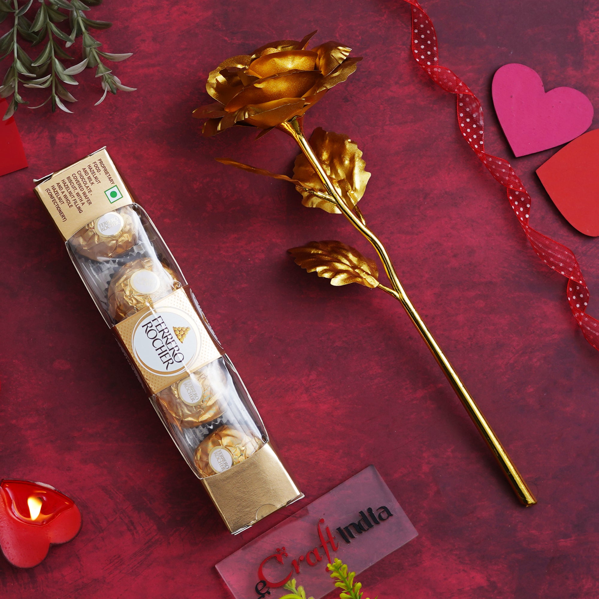 Golden Rose Valentine's Day Gift & Ferrero Rocher Chocolates (5 pcs) 1